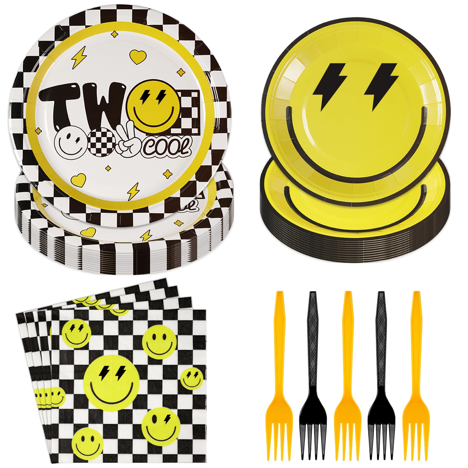 96 Pcs Two Cool Dude Birthday Party Decorations Set - 350 GSM Premium Tableware for 2nd Birthday, Baby Shower & Kids Party (Yellow & Black Lightning Checkered Theme, Serves 24 Guests) - Perfect for Toddler Celebrations, Photo Backdrops & Themed Events