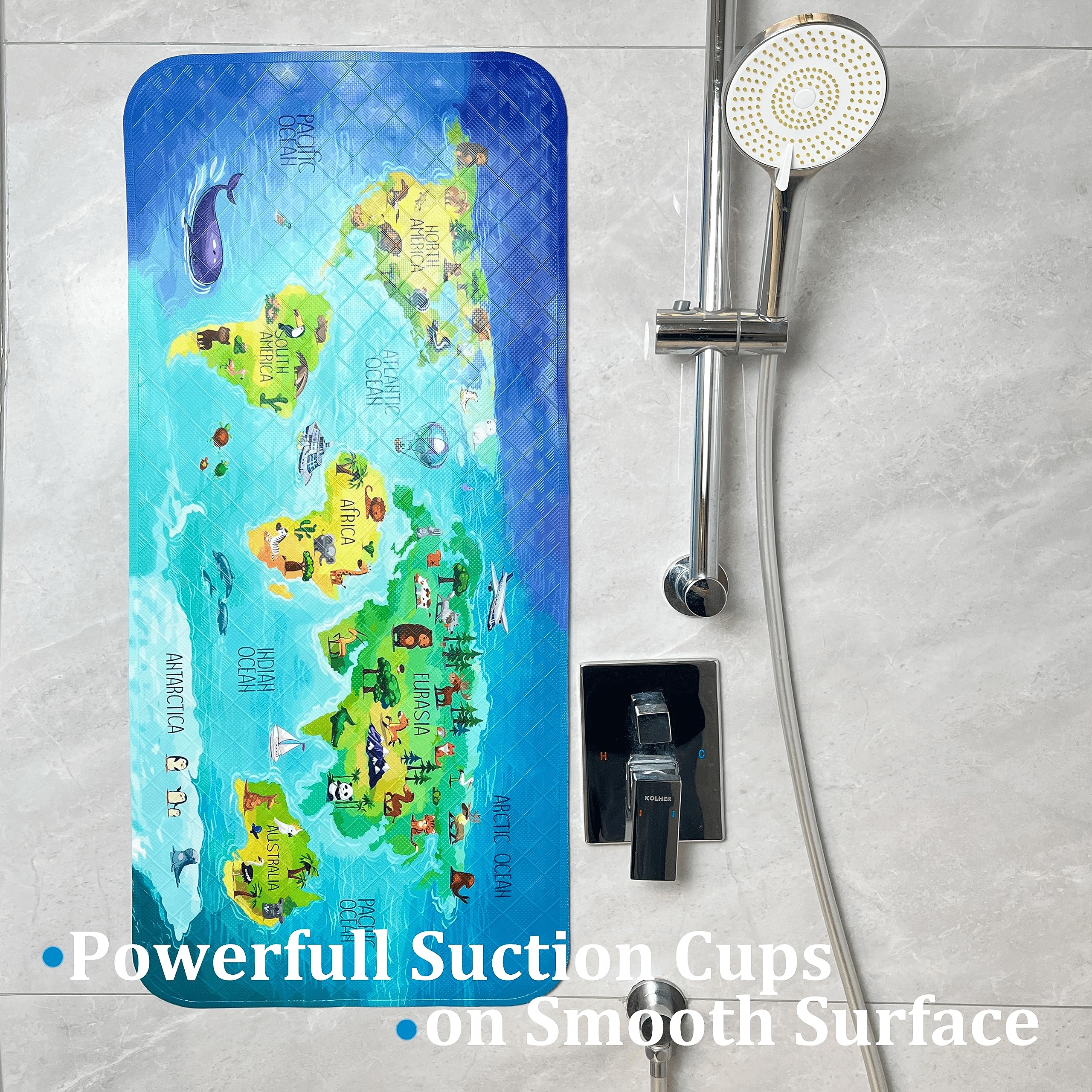 Non-Slip Cartoon Kids Bath Mat - Extra Large 35x16 Inch Bathtub Mat, Anti-Slip Shower Floor Mat for Bathroom Safety - Perfect for Kids' Bath Time Fun & Bathroom Decor (Map Design)