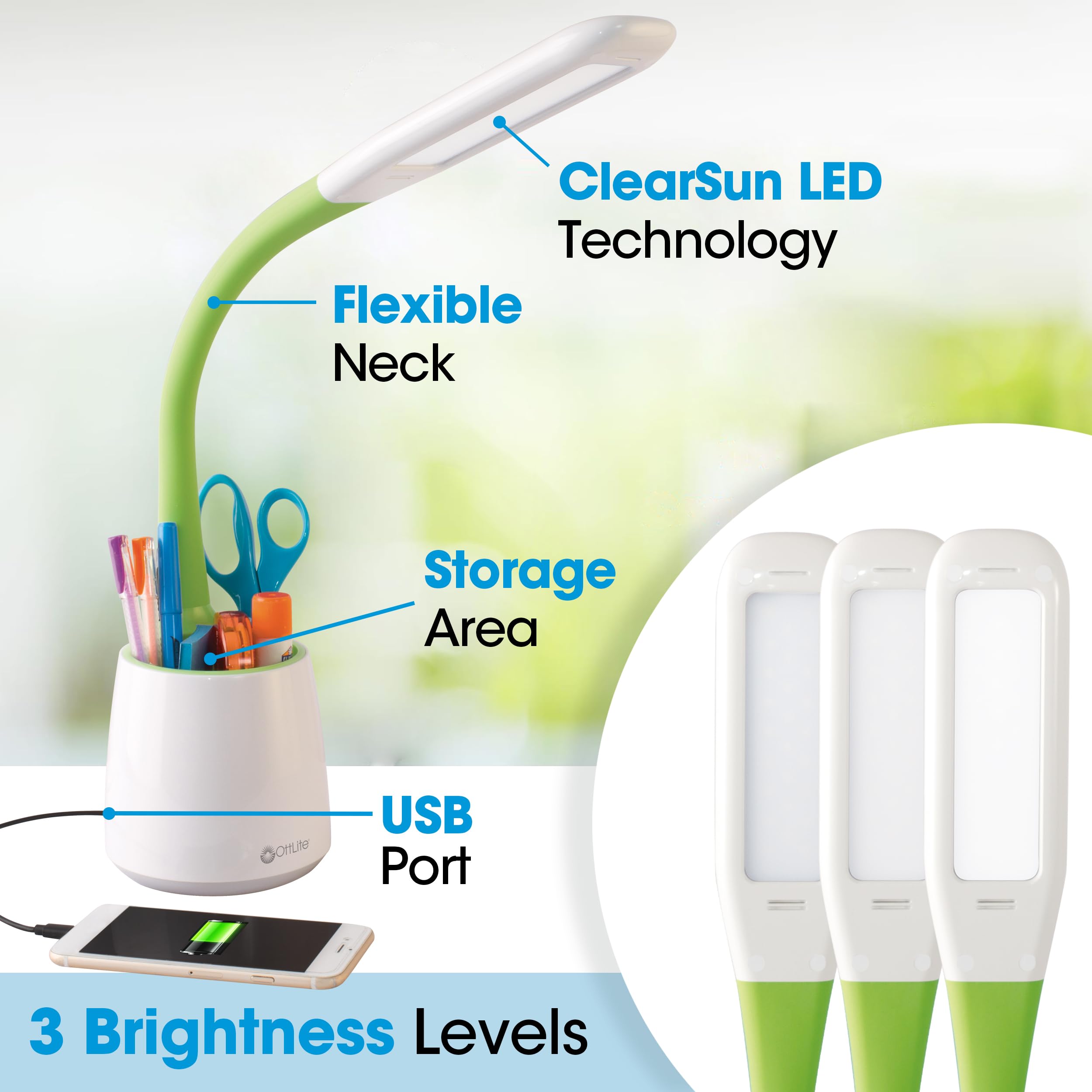 OttLite Organize LED Desk Lamp with USB Charging Port - Adjustable Brightness Table Lamp, Reading & Crafting Light with Storage Compartment, USB Port for Charging | Perfect for Home Office, Study, Reading & DIY Projects