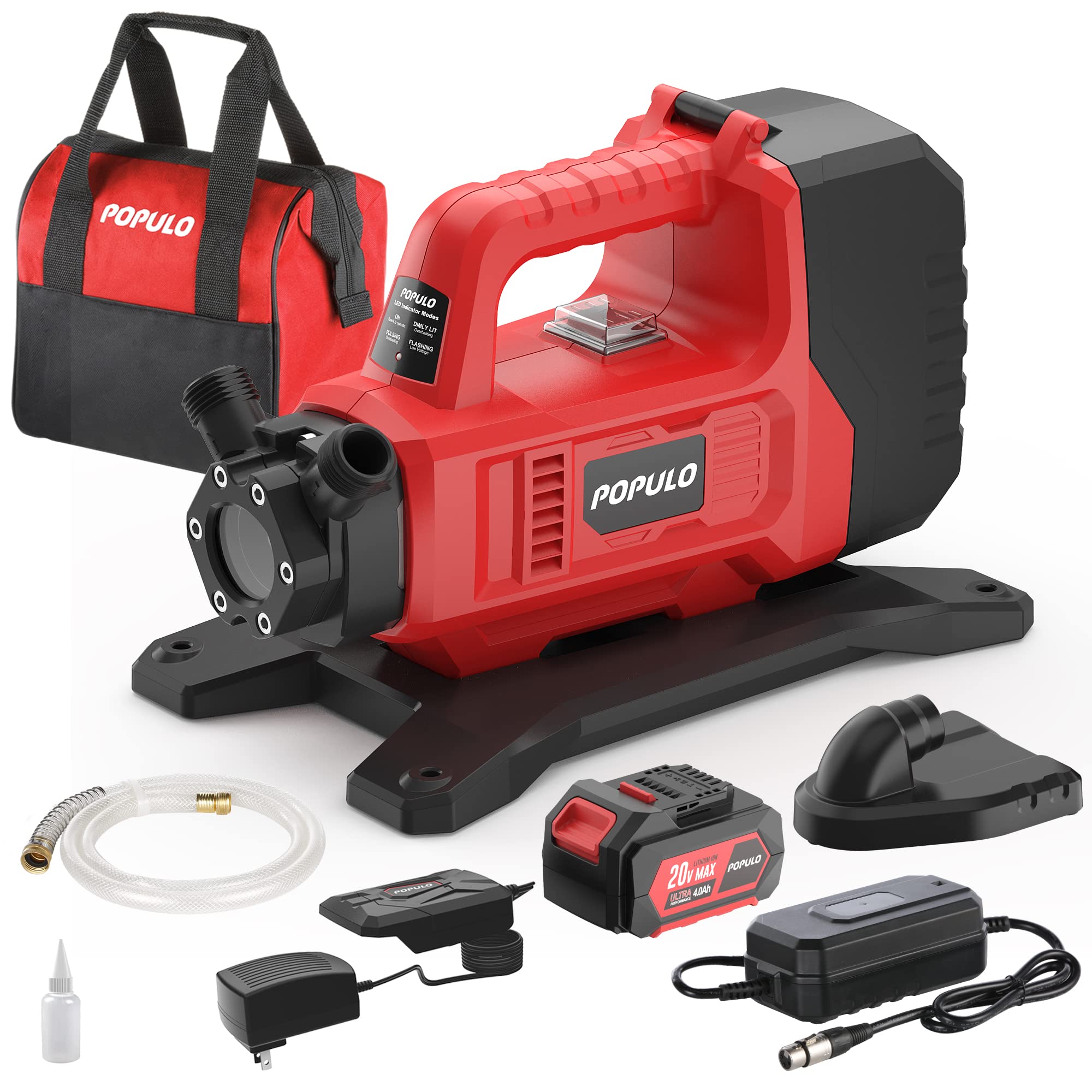 POPULO Hybrid Water Transfer Pump - 120VAC/20VDC 4.0Ah 325GPH 45Ft Portable Electric Utility Pump - Cordless Water Pump for Home, Pool, RV, Boat, Garden - Includes 3/4