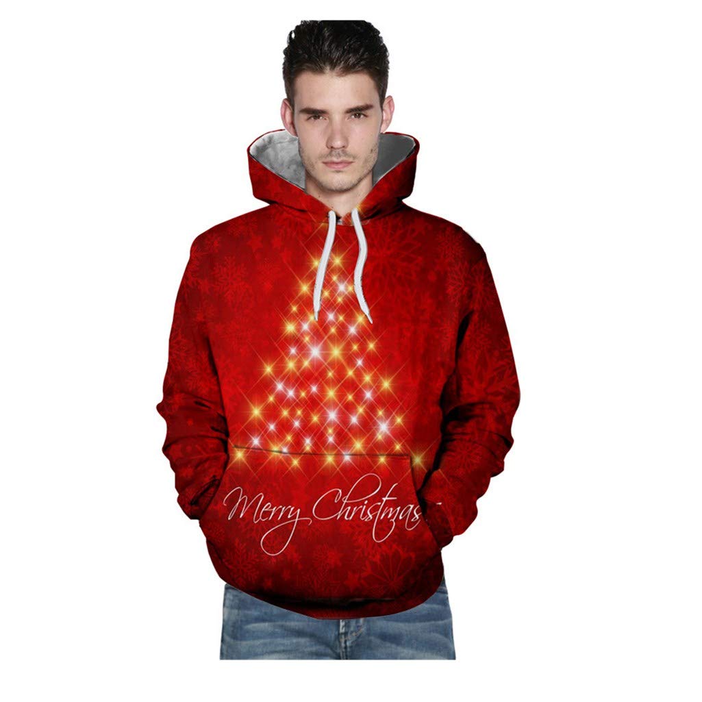 Fxbar Men's Christmas Light-Up Print Hoodie with Kangaroo Pocket - Red Sweatshirt for Holiday Parties & Casual Wear (Size M)
