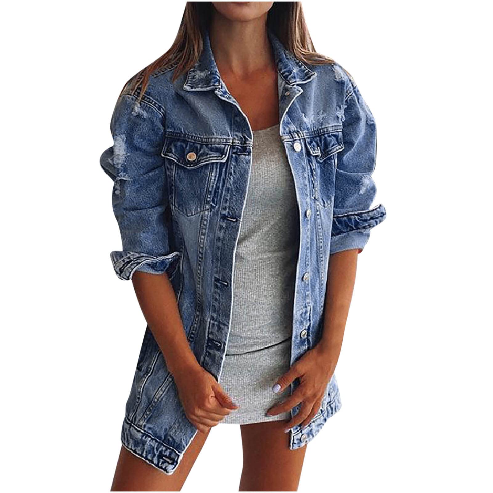 Vintage Women's Denim Jacket - Distressed Long Sleeve Jean Coat with Metal Buttons & Cozy Lapel | Casual Outfits, Fall Fashion, Streetwear Style