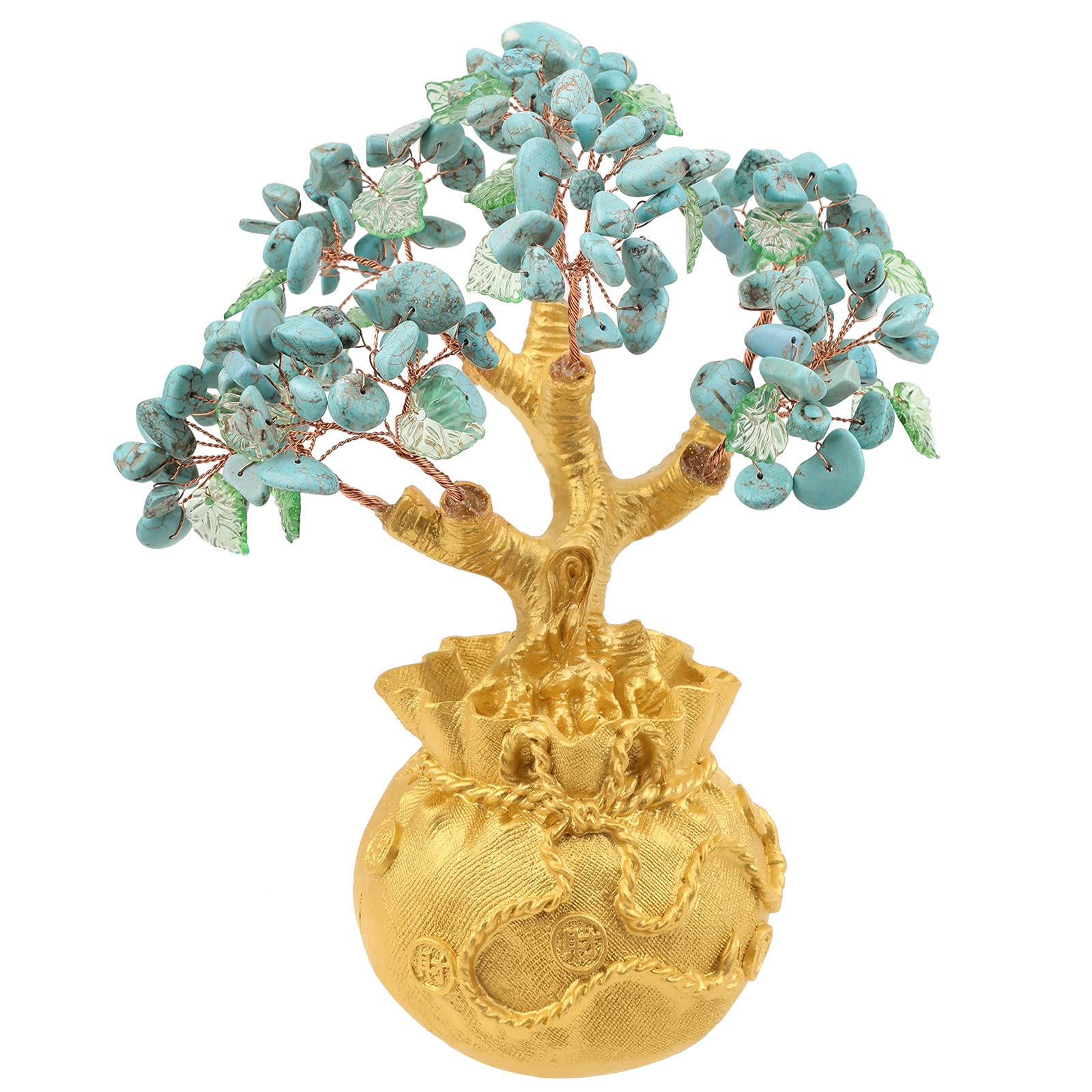RockCloud Crystal Money Tree with Golden Money Bag - Feng Shui Wealth & Luck Bonsai for Home Office Decor - Howlite Turquoise Stone Desk Ornament - Perfect for Office Desk, Living Room & Gift Giving