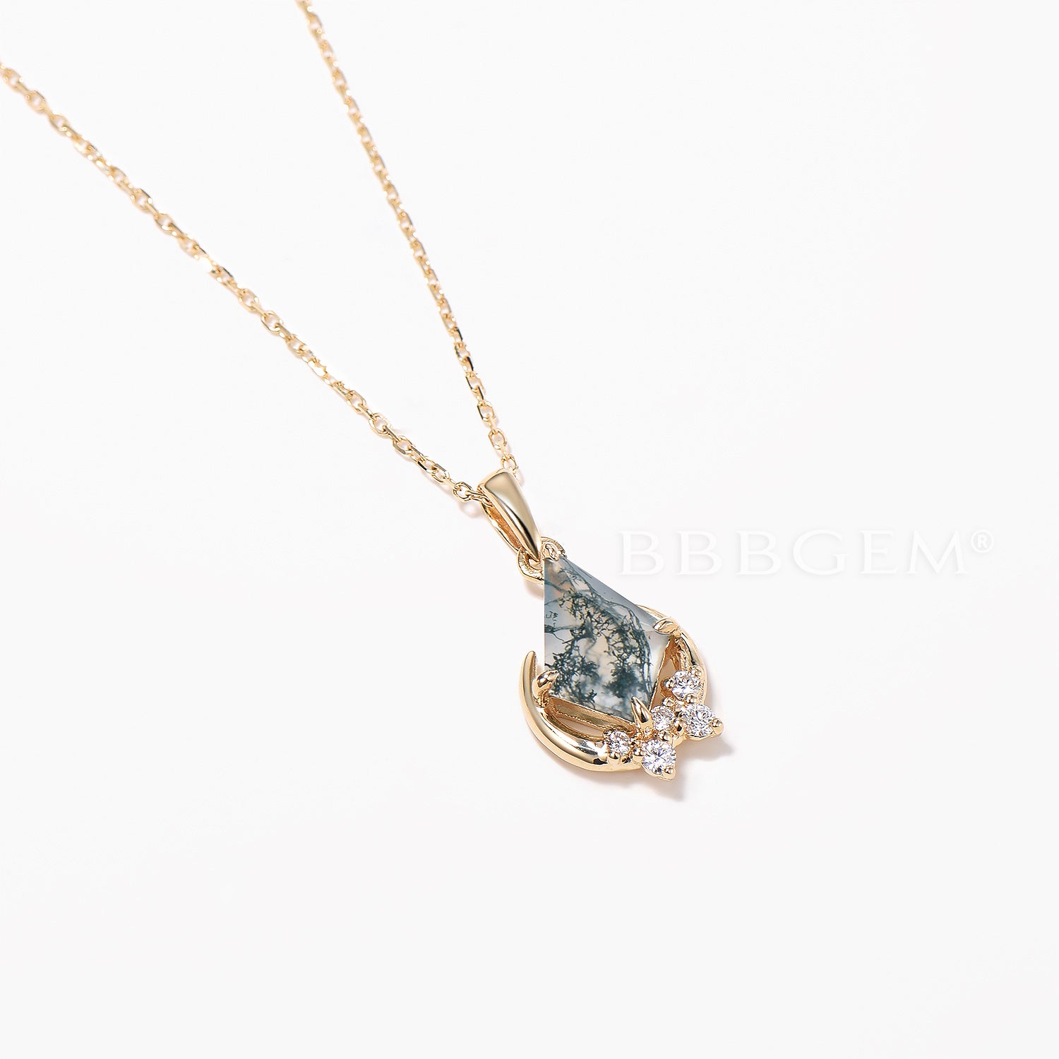 Natural Moss Agate Necklace with Diamond Cluster Moon Pendant in 14K Yellow Gold | Elegant Boho Jewelry for Women | Perfect for Weddings, Date Nights & Gift Giving