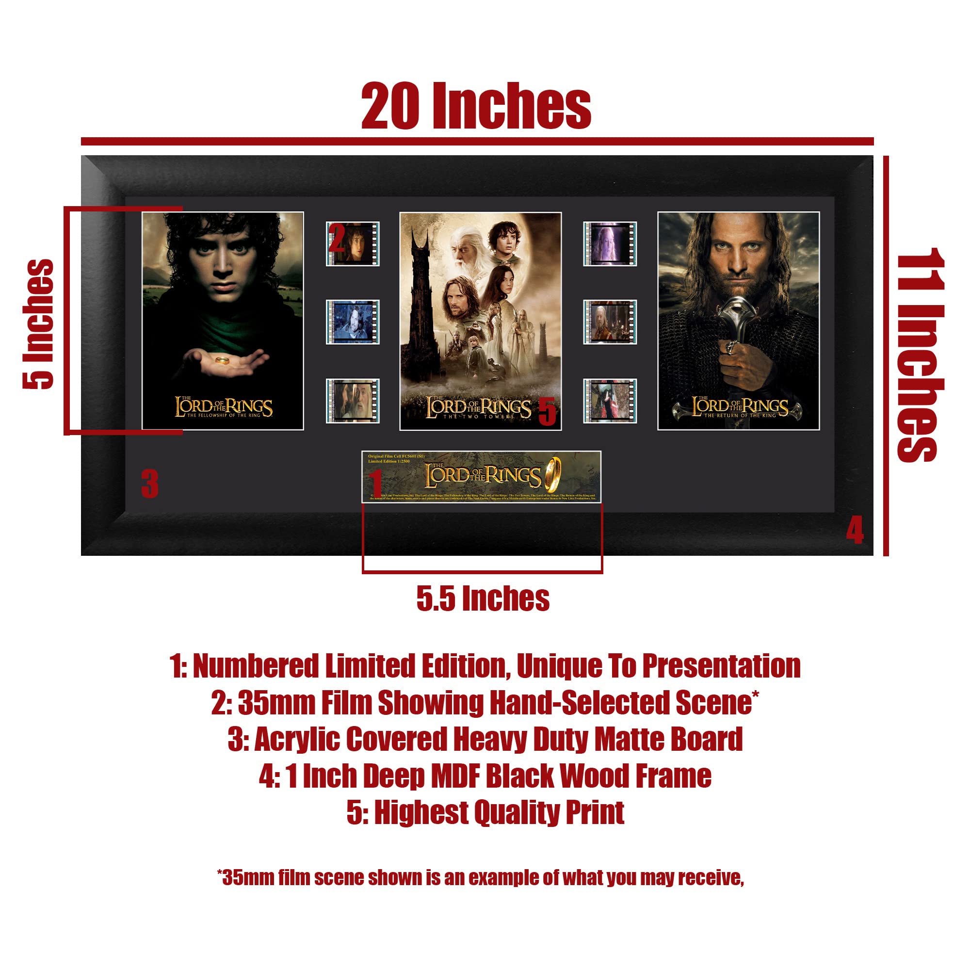 Lord of The Rings Trilogy Framed Film Cells Wall Art - Limited Edition Collectible with 6 Authentic 35mm Film Clips & Certificate (20x11 Inches) - Perfect for Home Theater Decor, Movie Memorabilia Display, and Fantasy Gift for Fans