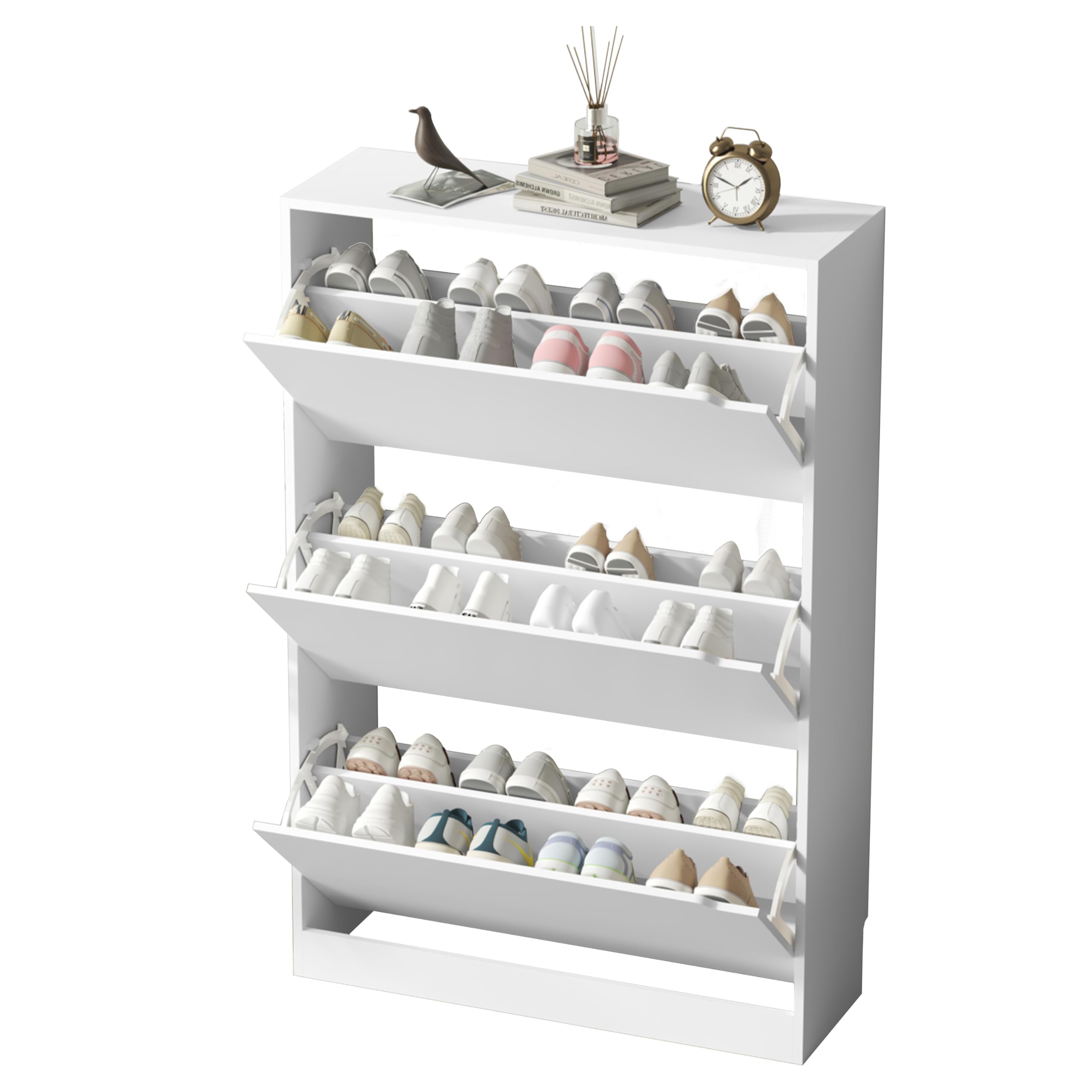 White Shoe Cabinet with 3 Flip Drawers - Entryway & Hallway Storage Organizer (9.33