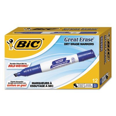 Great Erase Grip Chisel Tip Dry Erase Markers - Low Odor, 12-Pack Blue Whiteboard Markers for Office, Classroom & Home Use