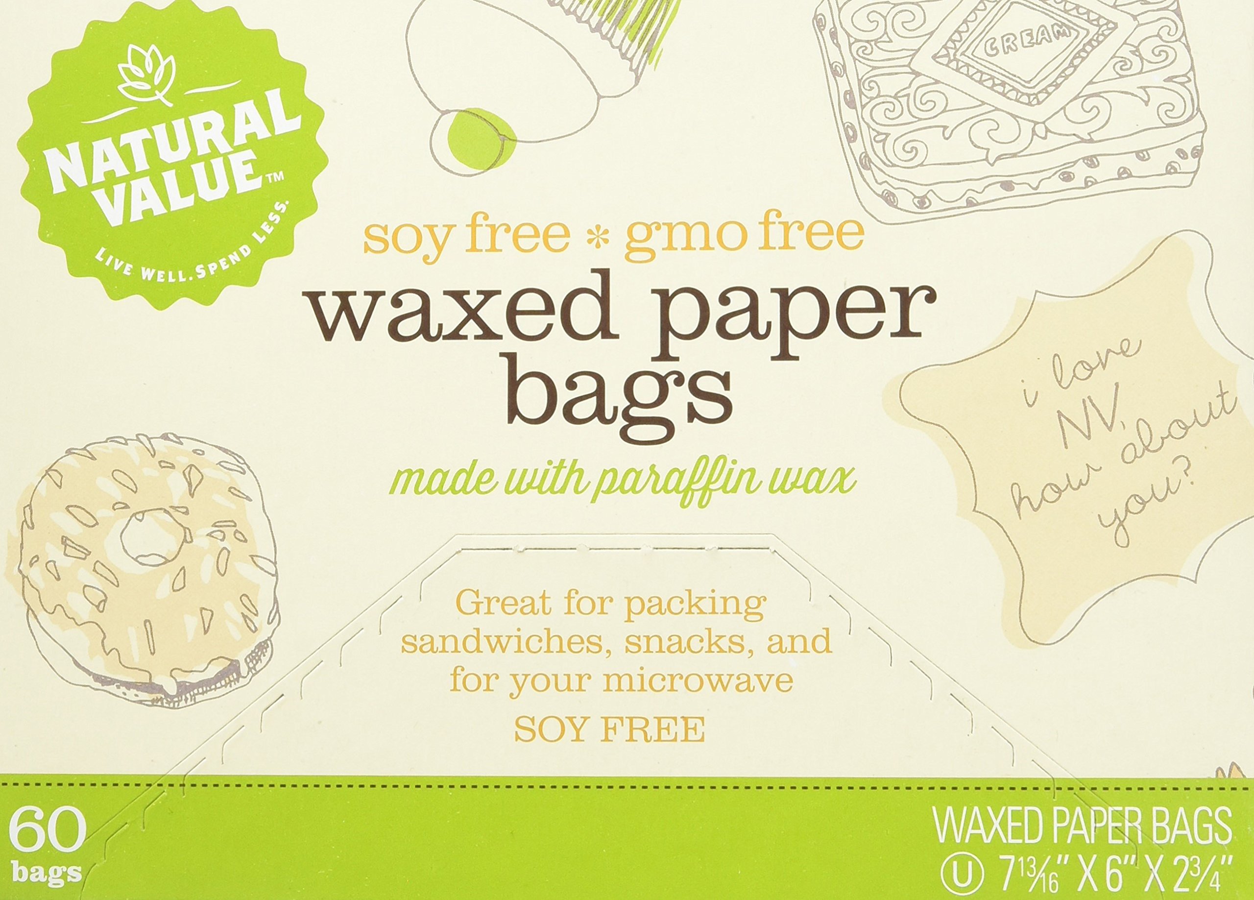 Natural Value Waxed Paper Bags - 60 Count (Pack of 12) | Eco-Friendly Food Storage Bags for Sandwiches, Snacks & Bakery Goods | Perfect for Picnics, Lunches & Food Packaging