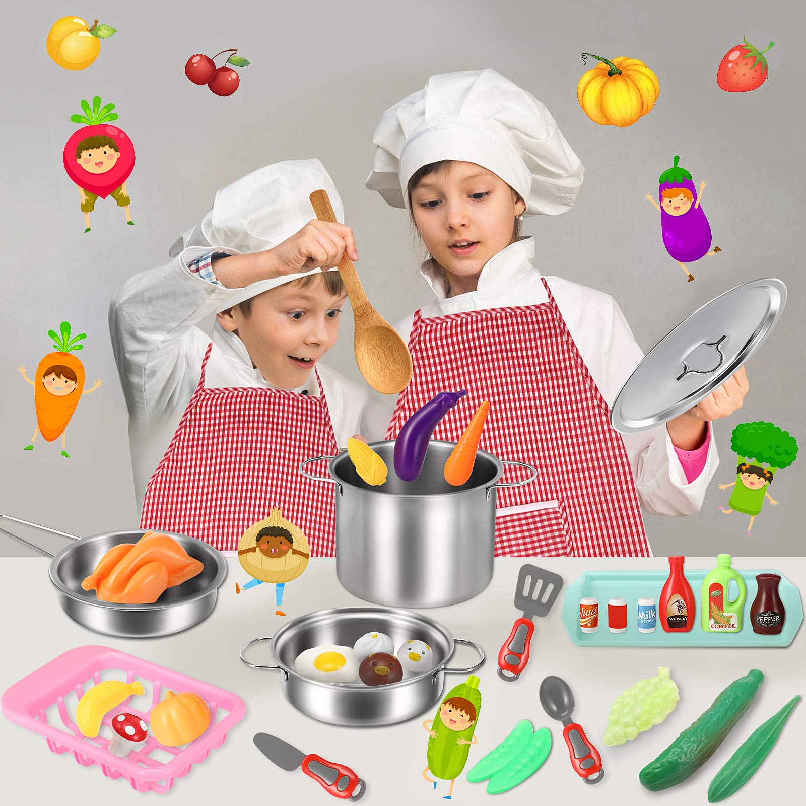 42-Piece Play Kitchen Accessories Set - Pots, Pans, Utensils, Cookware, Food & Storage Basket with Apron & Chef Hat - Perfect Christmas & Birthday Gift for Toddlers & Kids - Ideal for Preschool Learning & Imaginative Play