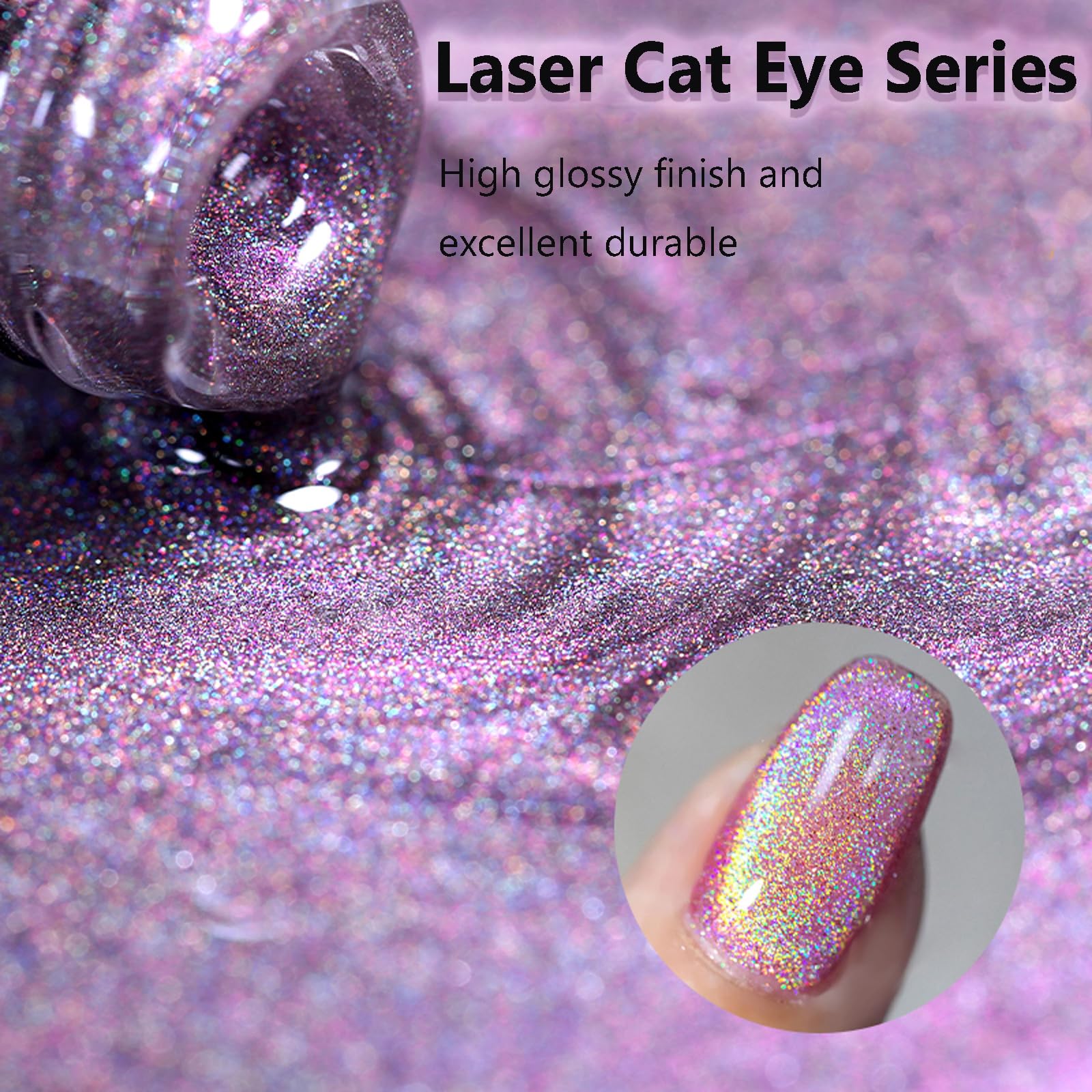 Rainbow Glitter Magnetic Gel Nail Polish - Holographic Sparkle Cat Eye Nail Lacquer for Galaxy Laser Nails (Purple) - Perfect for Manicures, Nail Art Designs & Special Occasions