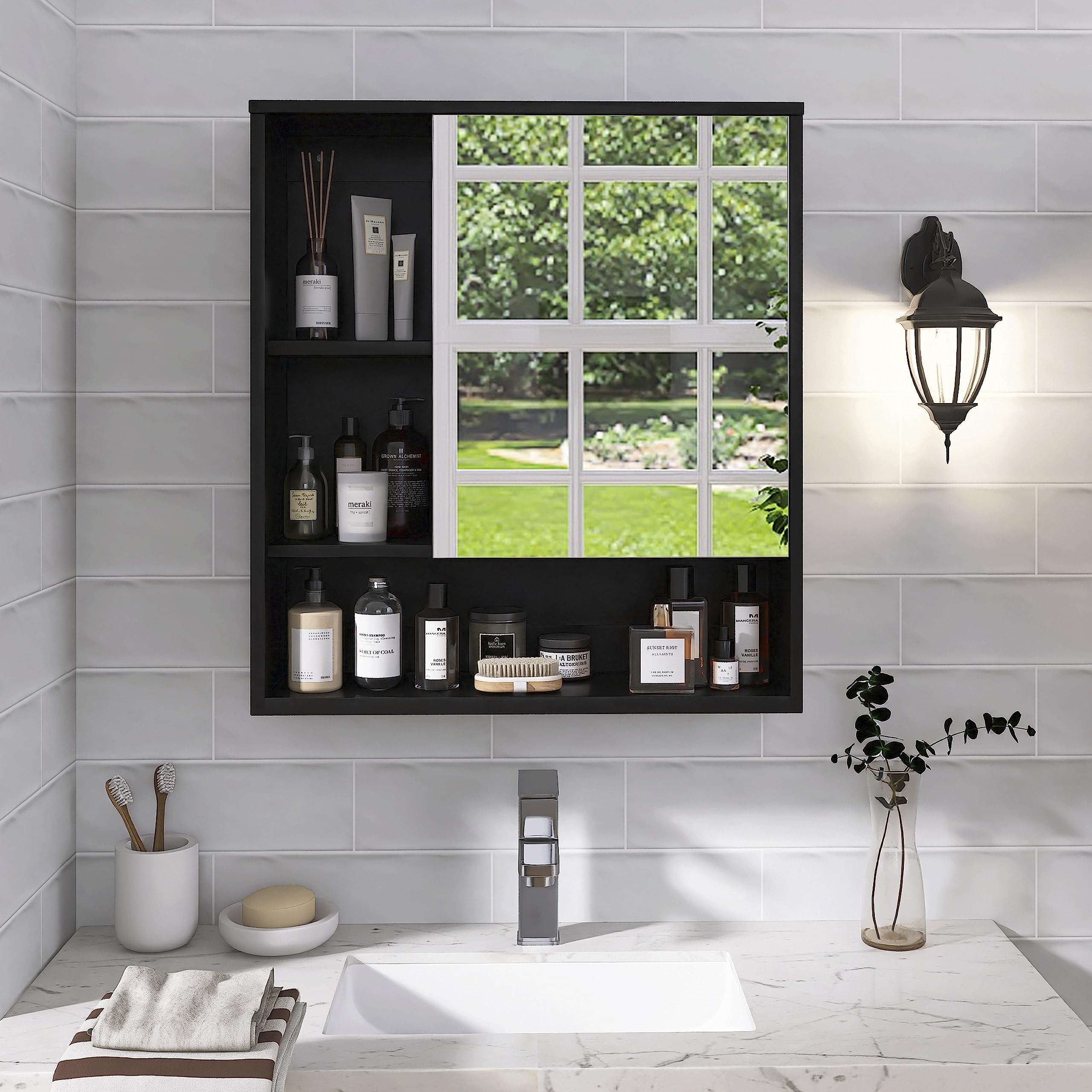 SMIBY Wall Mounted Bathroom Mirror Cabinet - Bamboo Medicine Cabinet with Adjustable Shelf, Space Saving Over Toilet Storage for Bathroom Organization (Black) - Perfect for Small Bathrooms, Apartments & Vanity Areas