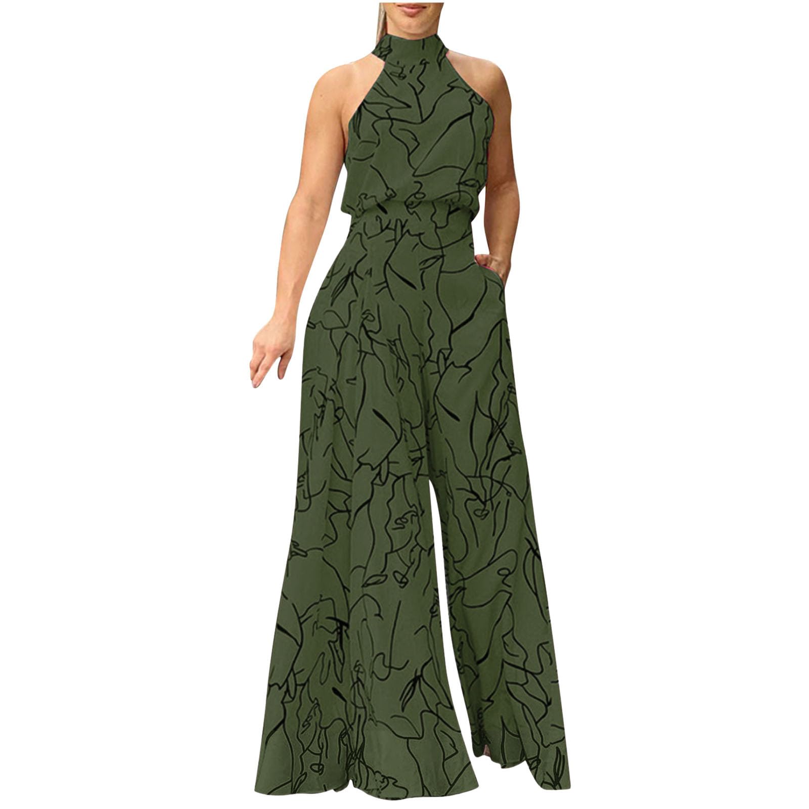 Elegant Women's Summer Halter Jumpsuit - Dressy Wide Leg Pantsuit with Pockets | Sleeveless Business Casual Romper for Office, Party & Vacation | Breathable & Stylish Outfit for Work, Cocktail Events & Summer Travel