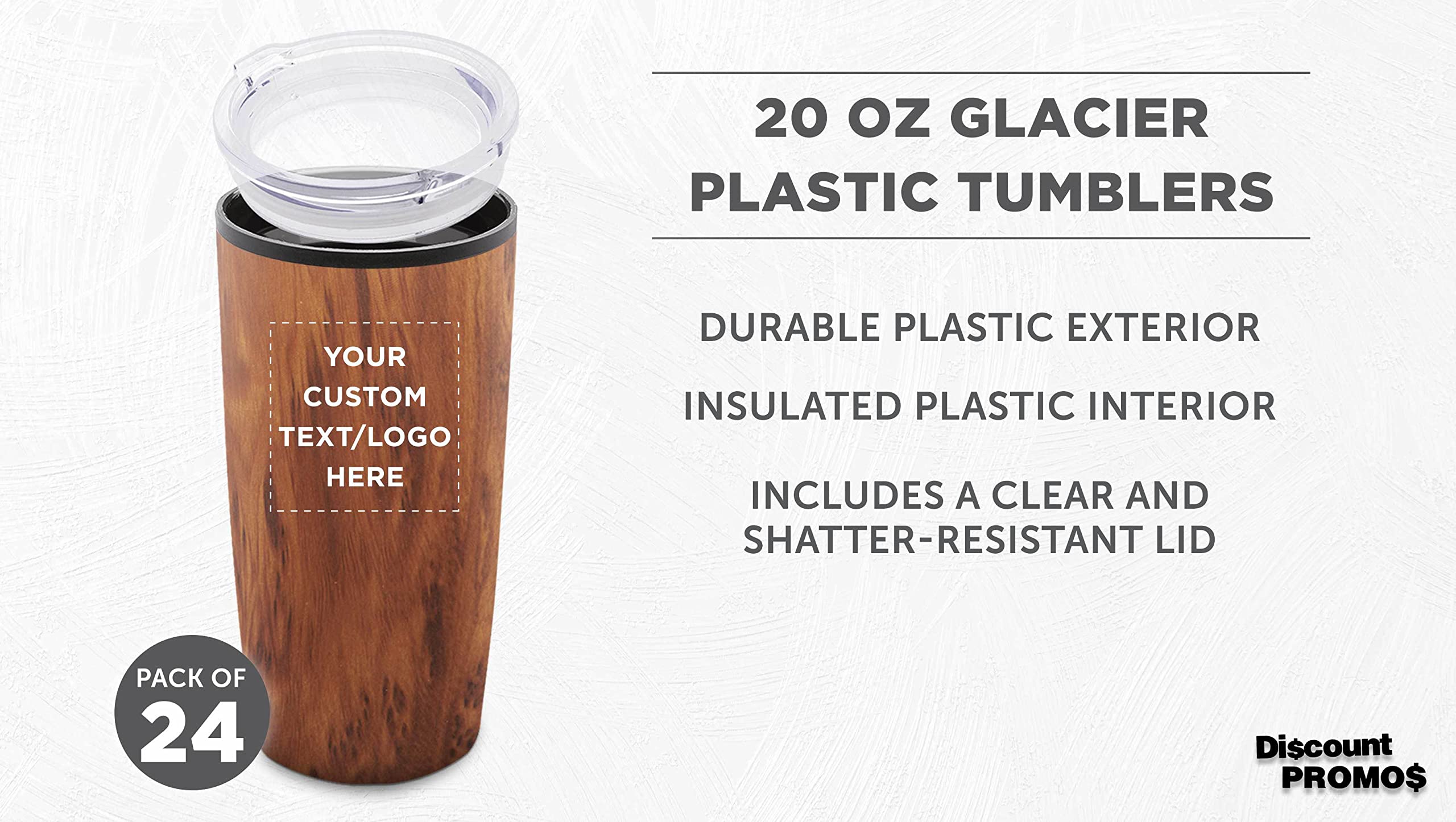 24-Pack Custom 20 oz Plastic Tumblers with Lids - Insulated Personalized Bulk Coffee Cups for Iced Drinks, Travel & Outdoor Use - Wood Grain Design