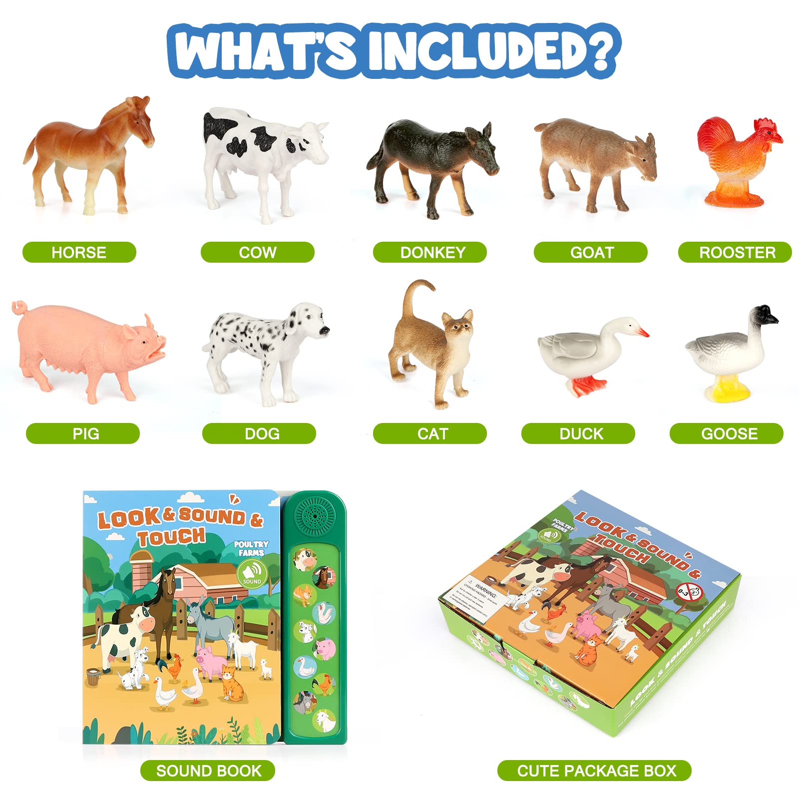Realistic Farm Animal Figurines Set with 10 Plastic Animals & Sound Book - Educational Learning Toys for Toddlers Ages 3+ | Perfect for Preschool Playtime, Birthday Gifts & Early Childhood Development