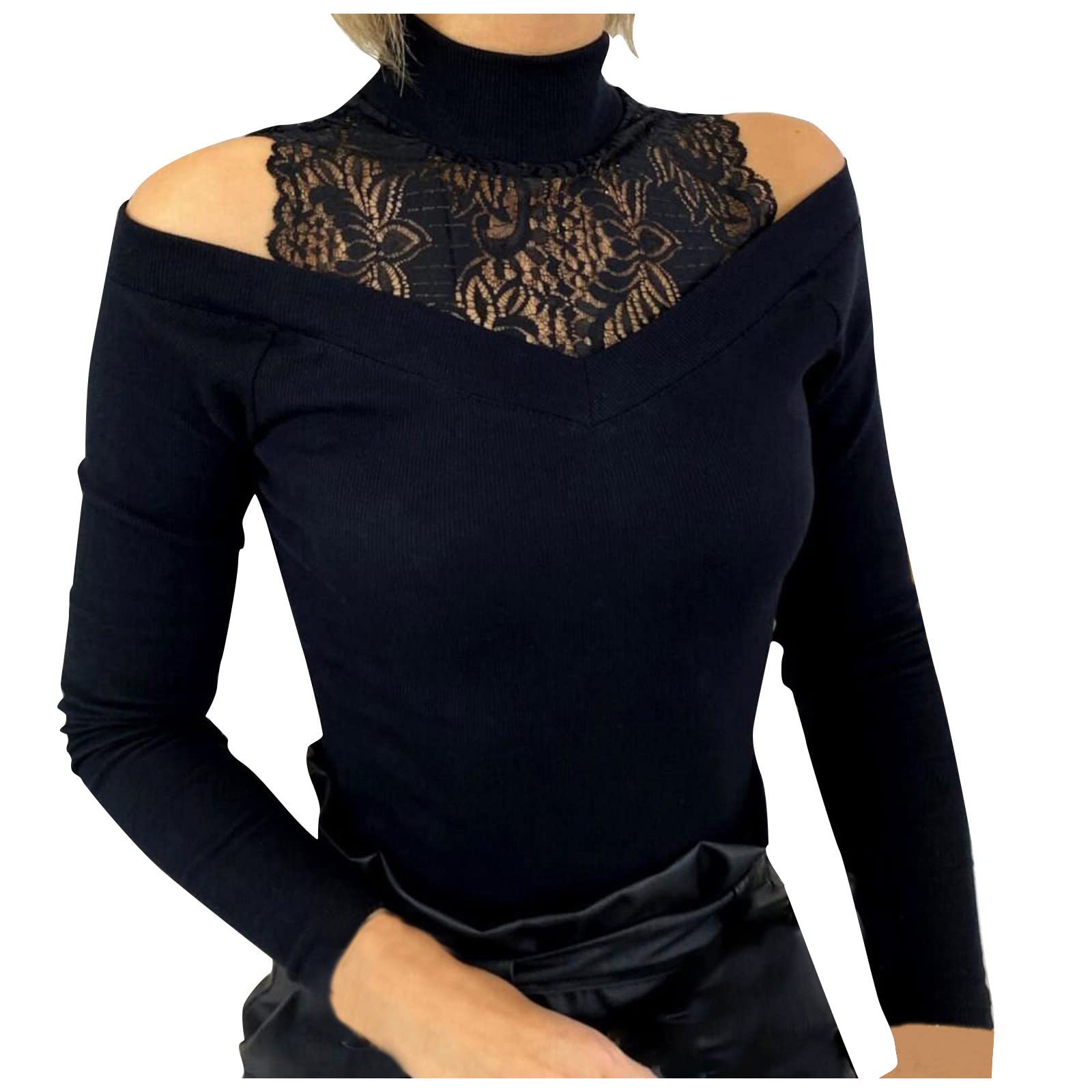 Women's Lace Cold Shoulder Sweater - Slim Fit Knit Pullover for Casual Wear