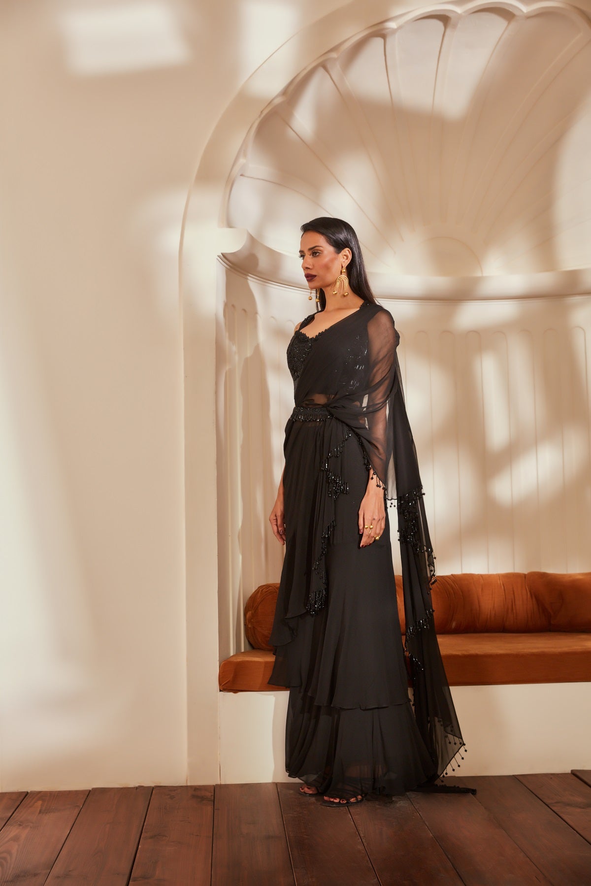 Elegant Black Ruffle Saree with Matching Blouse & Belt - Noire Glass Beads & Thread Embroidery for Wedding, Party & Special Occasions