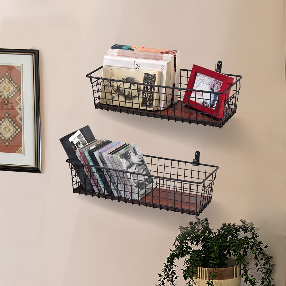 4-Piece Extra Large Metal Farmhouse Wall Decor Storage Organizer Set with Handles & Floating Shelves - Wall Mount Hooks Included (Black) - Perfect for Entryway, Bathroom, Kitchen Organization & Rustic Home Decor