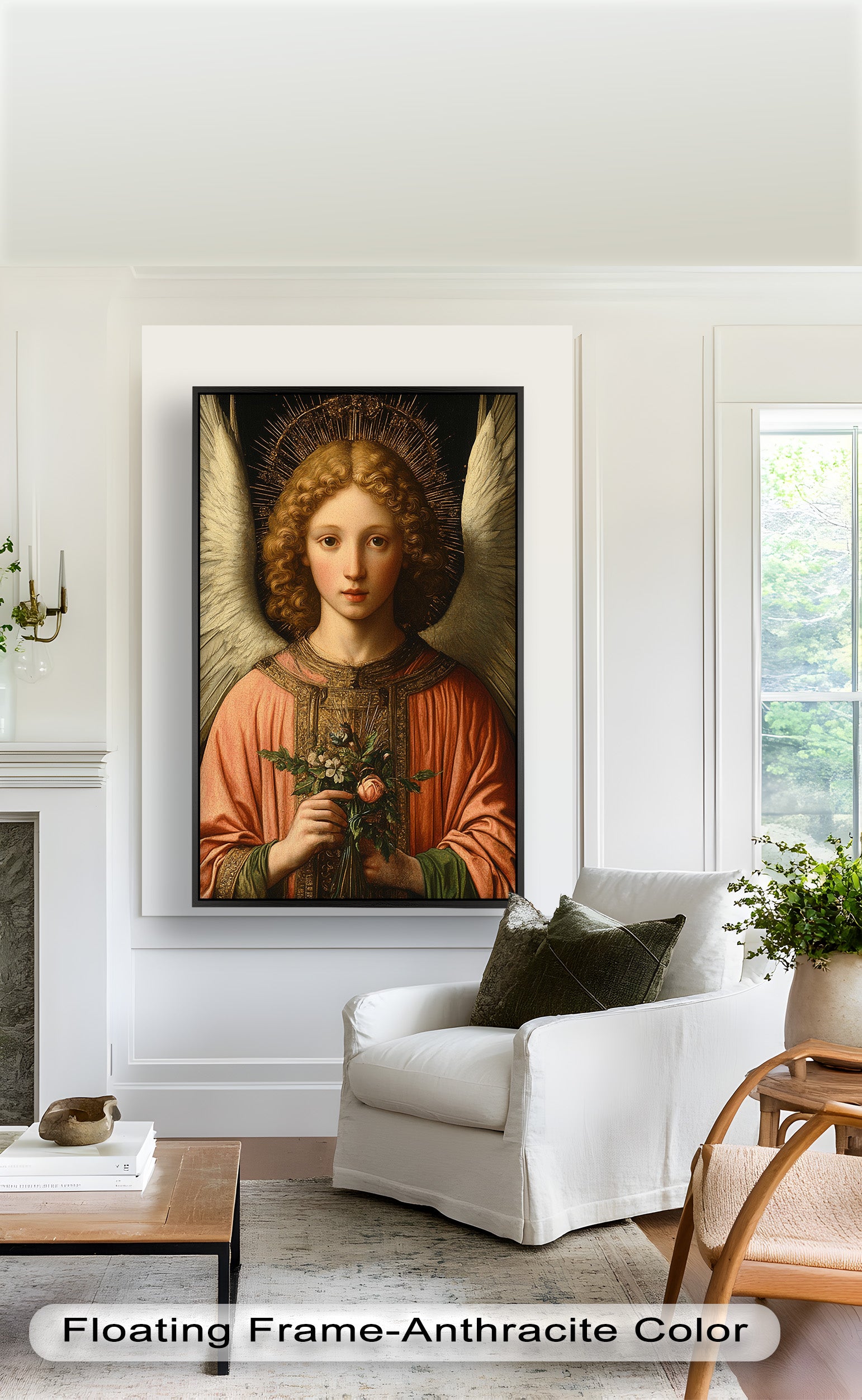 Angel Holding Flowers Wall Art - Religious Oil Painting for Home Decor & Church Interiors | Hand-Painted Christian Artwork for Living Room, Bedroom & Prayer Spaces