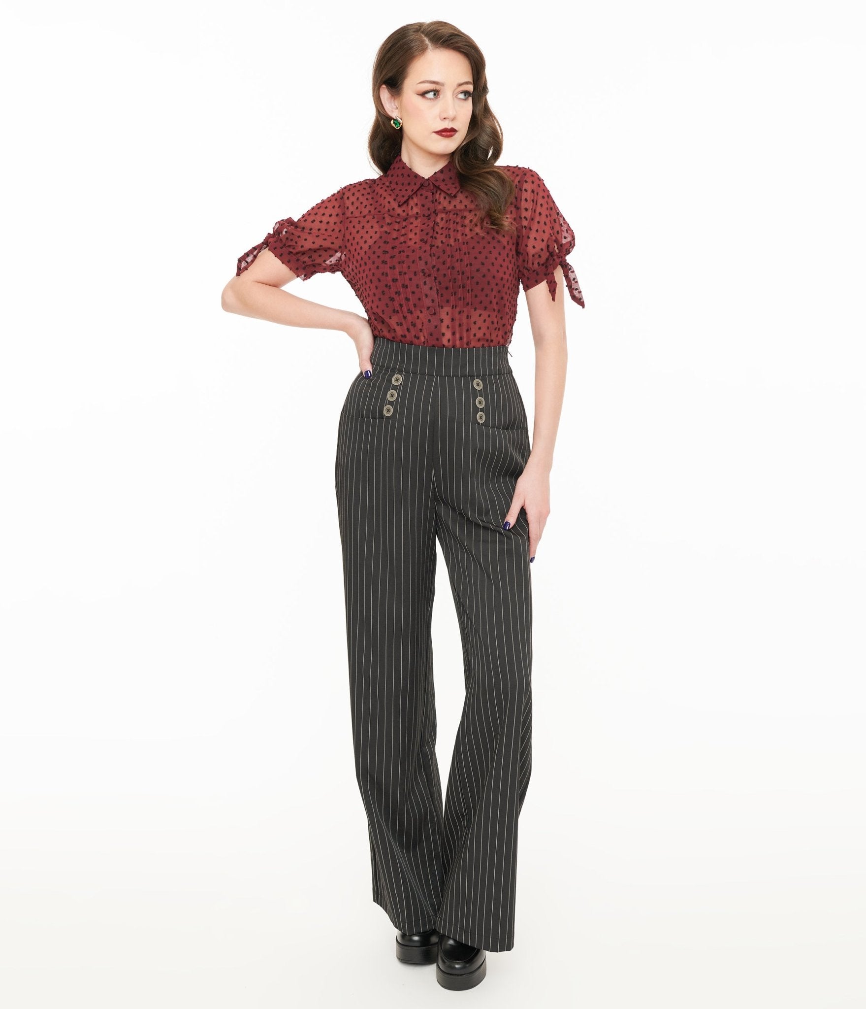 Vintage 1940s Black & White Pin Stripe High Waist Sailor Ginger Pants - Retro Sailor Style Trousers for Women | Perfect for Costume Parties, Swing Dancing & Vintage Fashion Outfits