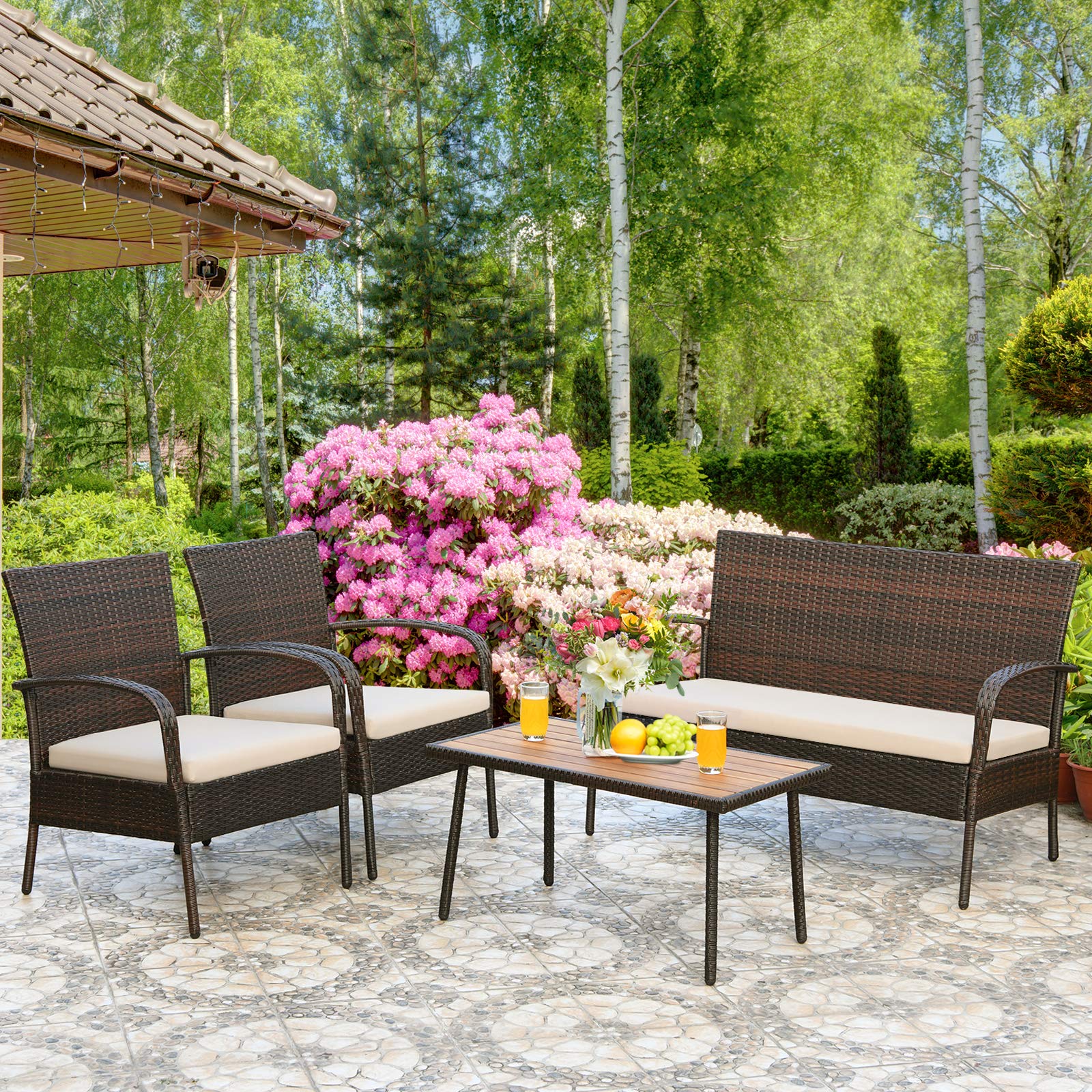 4-Piece Brown Wicker Outdoor Patio Conversation Set with Washable Cushions - Rattan Sofa & Chairs for Garden, Backyard, Poolside Relaxation