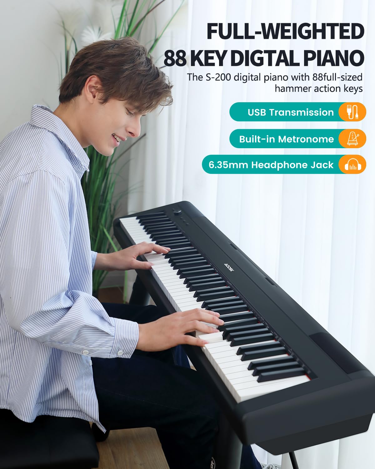 AODSK 88 Key Weighted Digital Piano with Portable U Stand, 3-Pedal Unit & 2x15W Speakers - Full Size Keyboard for Beginners & Professionals - Perfect for Home Practice, Studio Recording & Piano Lessons (Black)