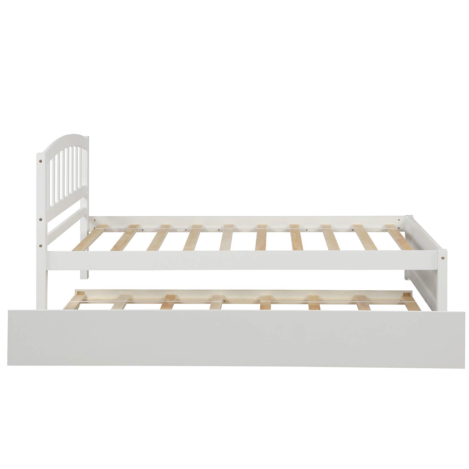 Merax Twin Size Platform Bed Frame with Trundle - Wooden Headboard, No Box Spring Required, White - Perfect for Kids' Rooms, Guest Beds & Small Spaces