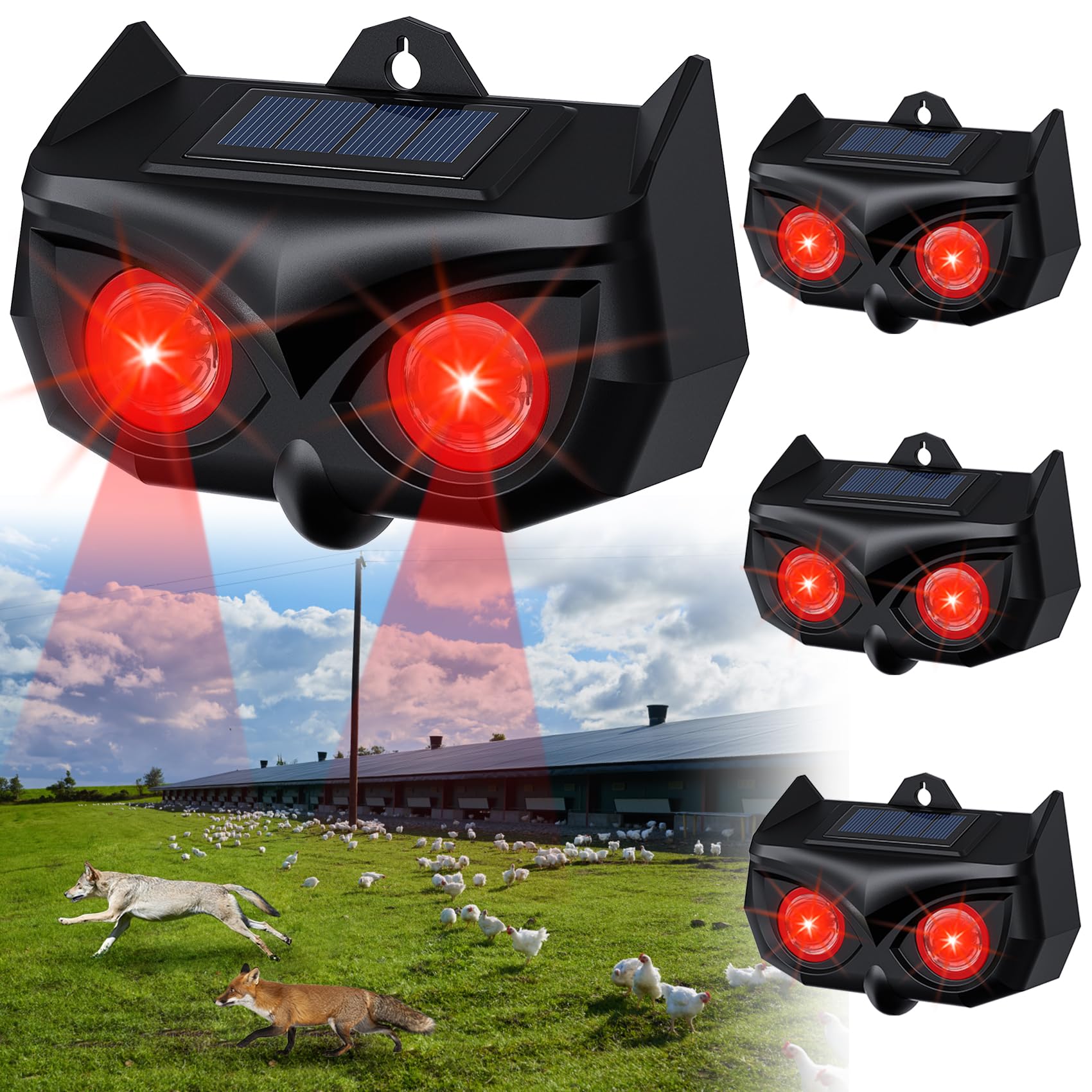 4 Pack Solar Ultrasonic Animal Repeller Outdoor - Waterproof Deer & Fox Deterrent with LED Flashing Lights - Drive Away Wolves, Skunks, Raccoons & Rats - Perfect for Gardens, Farms & Backyards