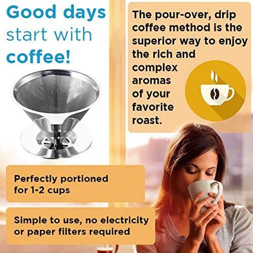 Premium Stainless Steel Fine Mesh Coffee Filter - Reusable Pour Over Coffee Dripper for Standard Pots & Cups | Lightweight, Paperless, Eco-Friendly | Perfect for Home Brewing, Camping & Office Use