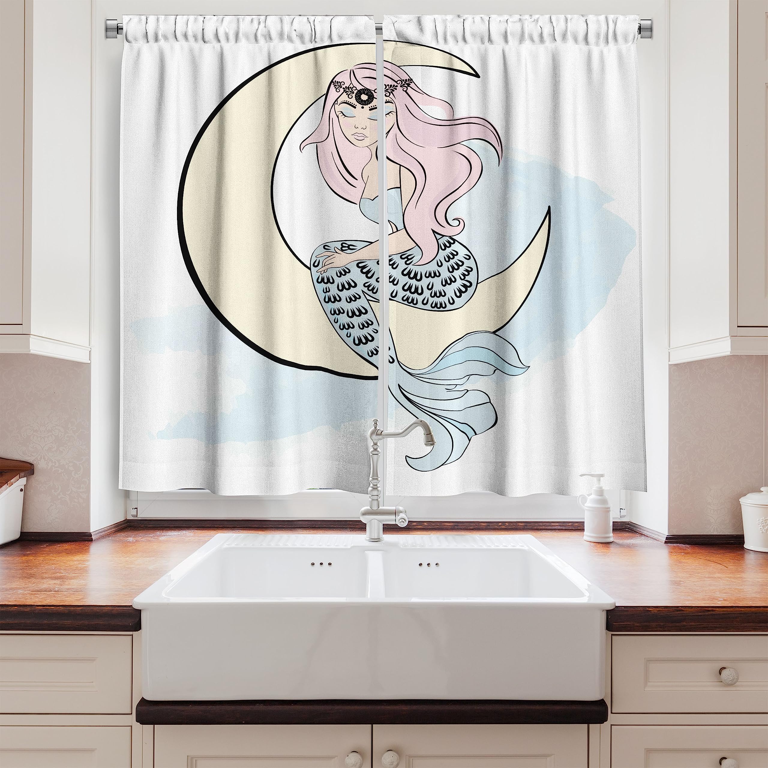 Ambesonne Magic Moon Long Kitchen Curtains - Mermaid Sitting on Crescent Moon Design, 2 Panel Rod Pocket Drapes, 55