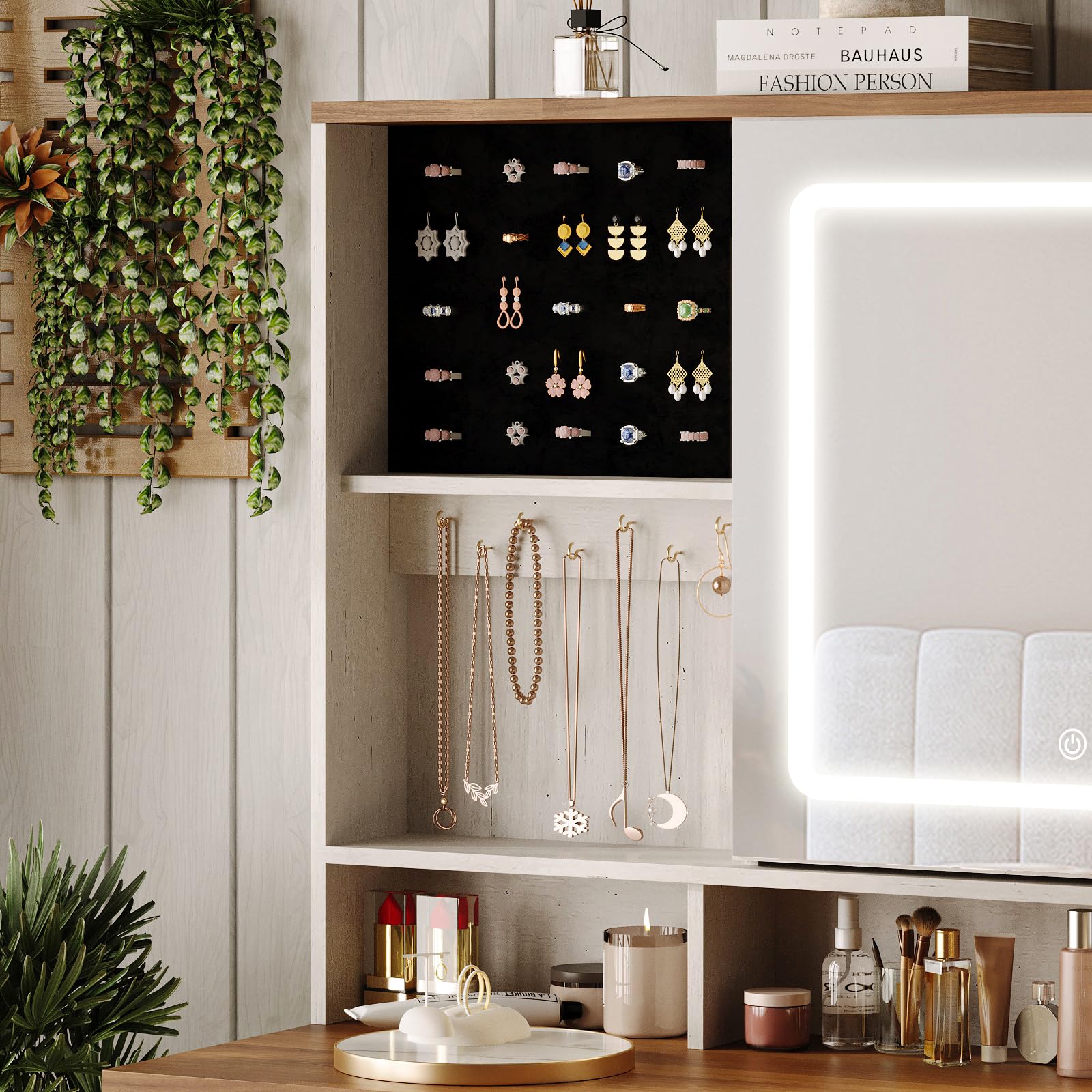 Farmhouse Vanity Desk with Mirror & LED Lights - White Makeup Dressing Table with 5 Drawers, Hidden Storage & USB Charging Station - Rustic Large Bedroom Vanity with Shelves for Cosmetics & Jewelry Organization - Perfect for Master Bedroom, Guest Room & Dressing Area