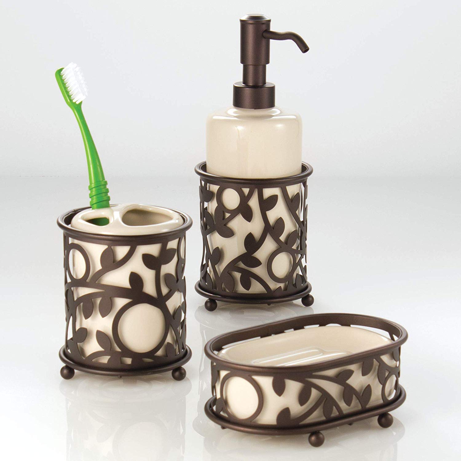iDesign Vine Toothbrush Holder Stand for Bathroom Vanity Countertops - Vanilla/Bronze | Stylish Bathroom Organizer | Perfect for Small Spaces, Countertop Storage & Home Decor