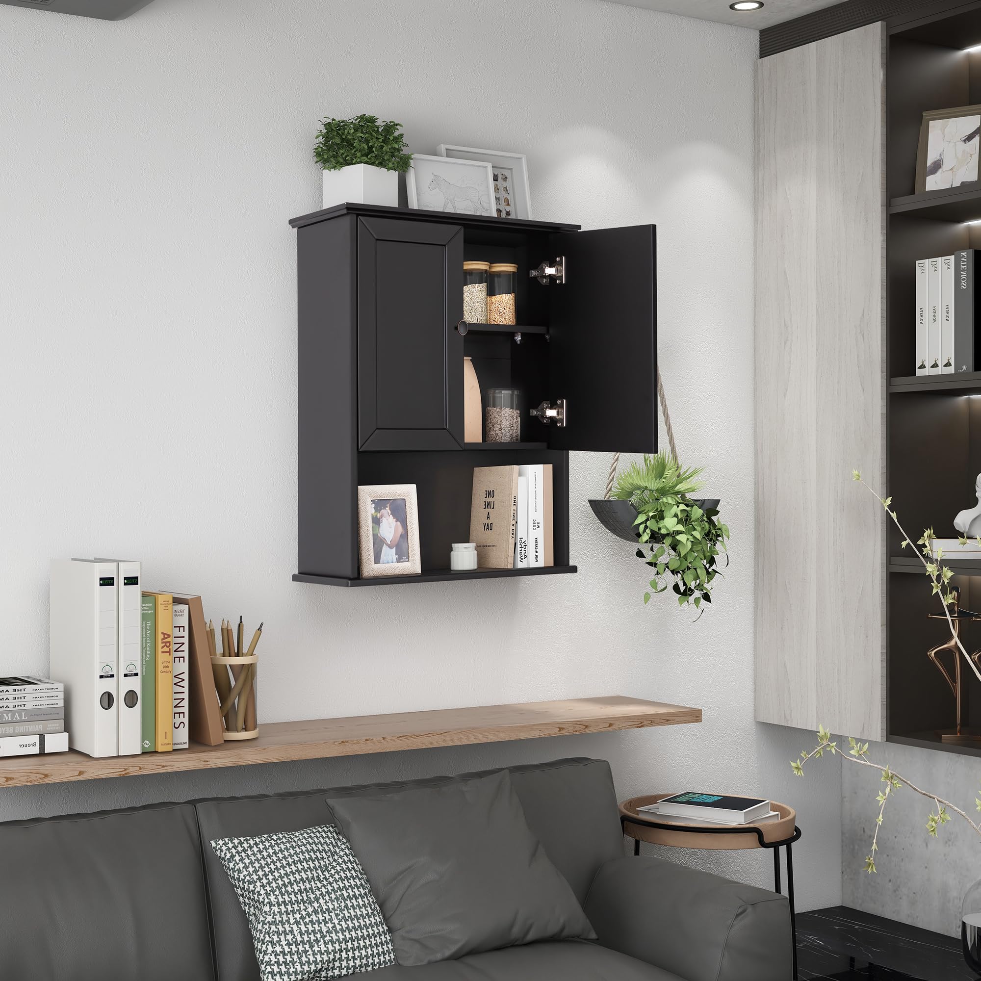 24x30 Inch Black Wooden Over Toilet Bathroom Wall Cabinet with Adjustable Shelf & Soft Hinge - 2-Door Wall Mounted Medicine Storage Cabinet with Metal Handle for Bathroom Organization & Small Space Saving