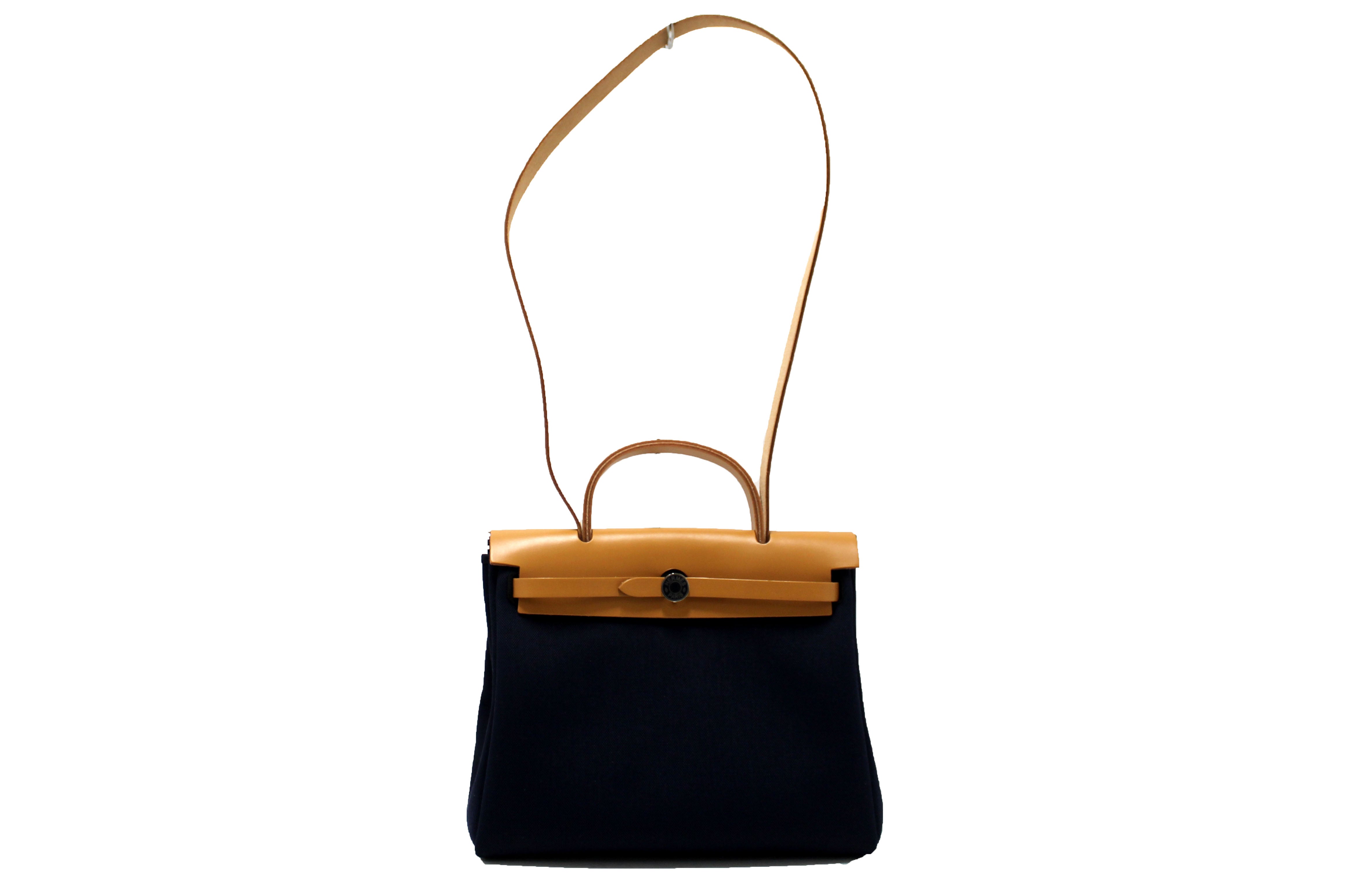 Authentic Hermes Blue Marine Vache Hunter Toile Herbag Zip 31 PM Bag - Luxury Handbag for Women, Perfect for Work, Travel & Everyday Use