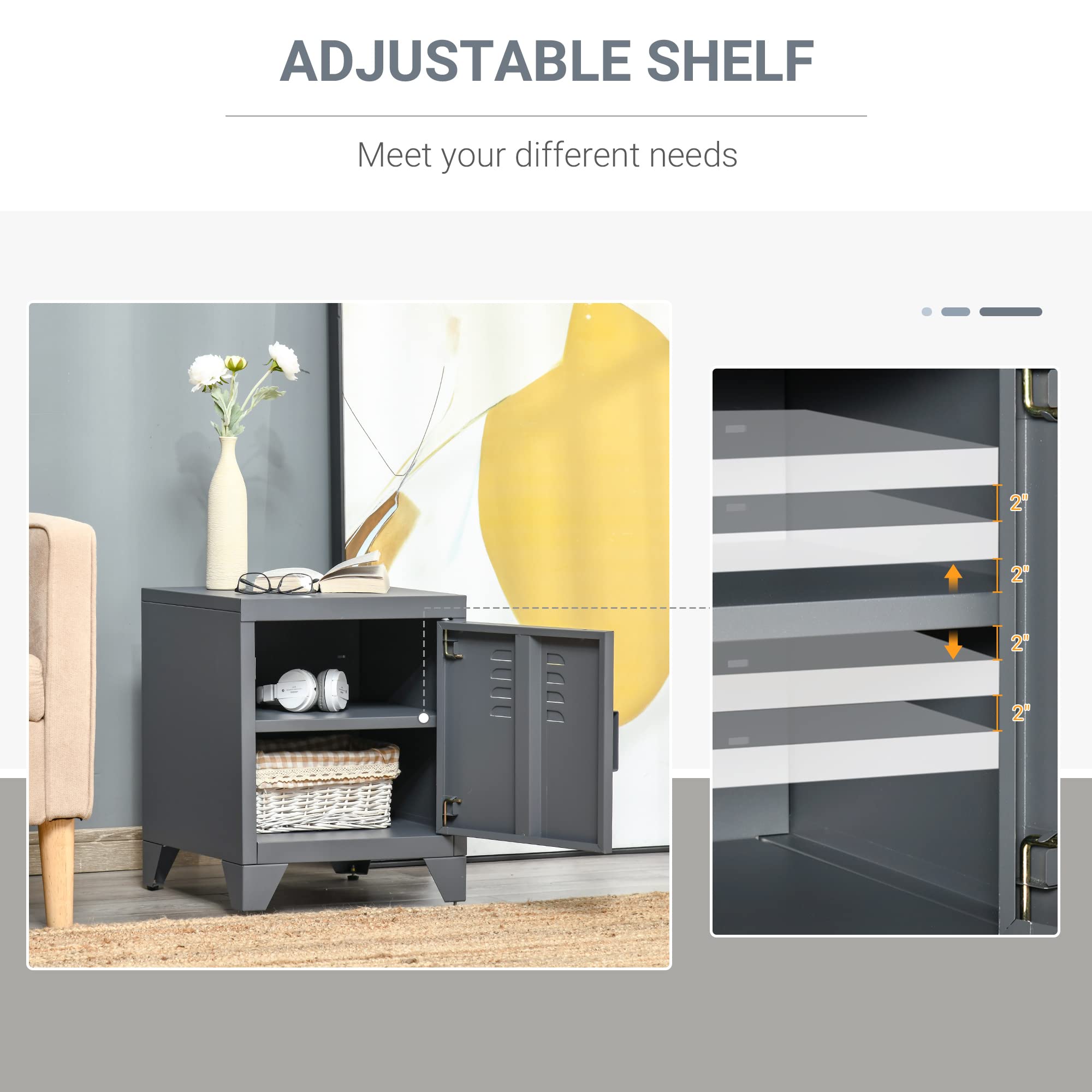 HOMCOM Industrial End Table with Locker-Style Door & Adjustable Shelf - Modern Grey Side Table for Living Room, Bedroom & Office - Perfect for Small Space Storage & Home Decor