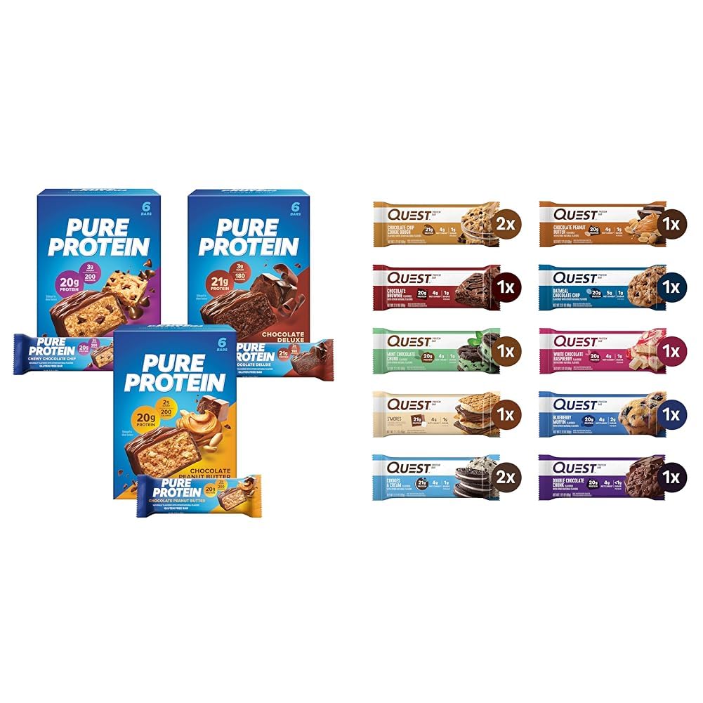 Pure Protein Bars & Quest Nutrition Protein Bars Variety Pack - 18+12 High Protein, Gluten Free Snacks for Gym, Hiking & Weight Loss