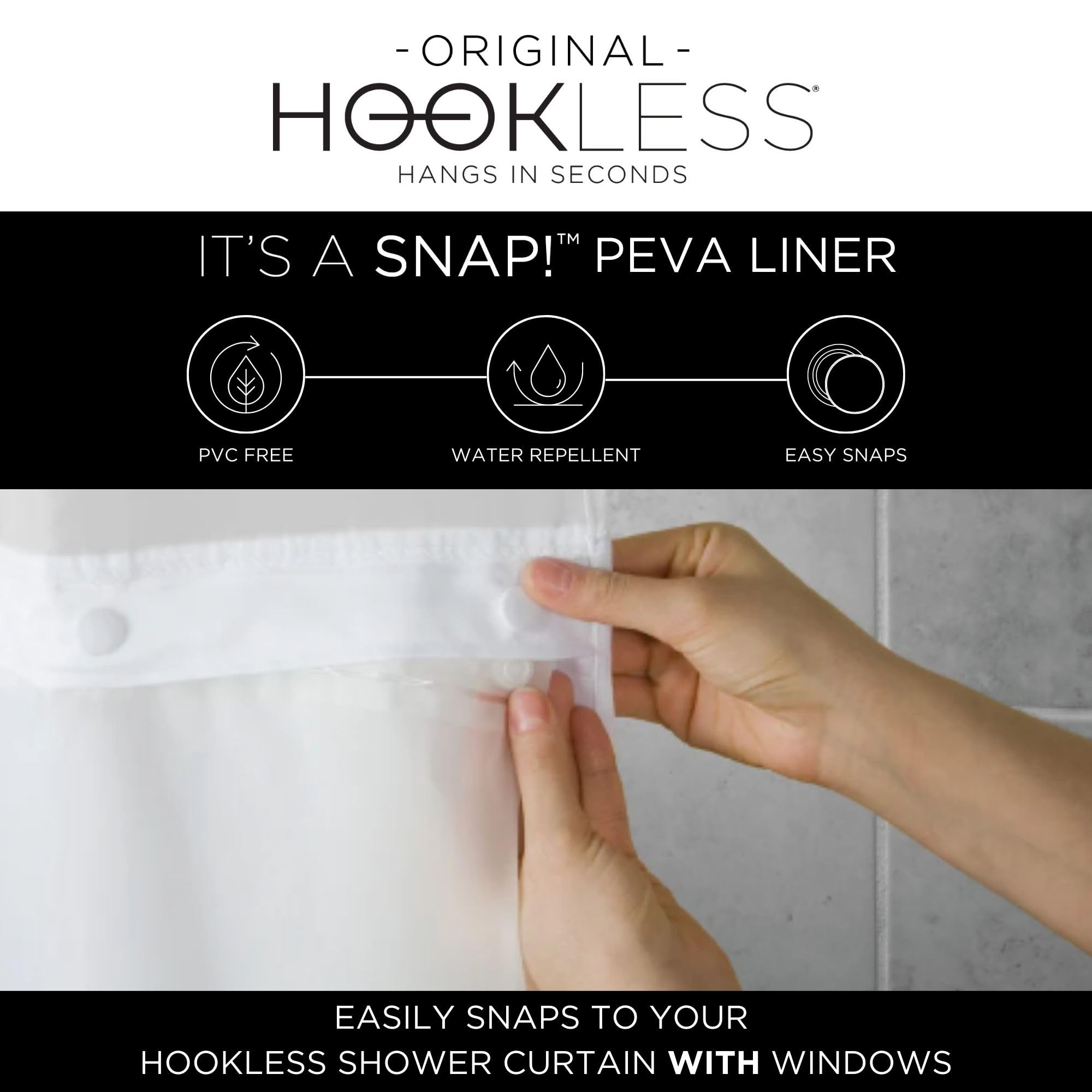 Hookless It's A Snap! Microfiber Shower Curtain Set - 3-in-1 Bathroom Decor with Sheer Top Window, Flex-On Rings & PEVA Snap-in Liner, 71