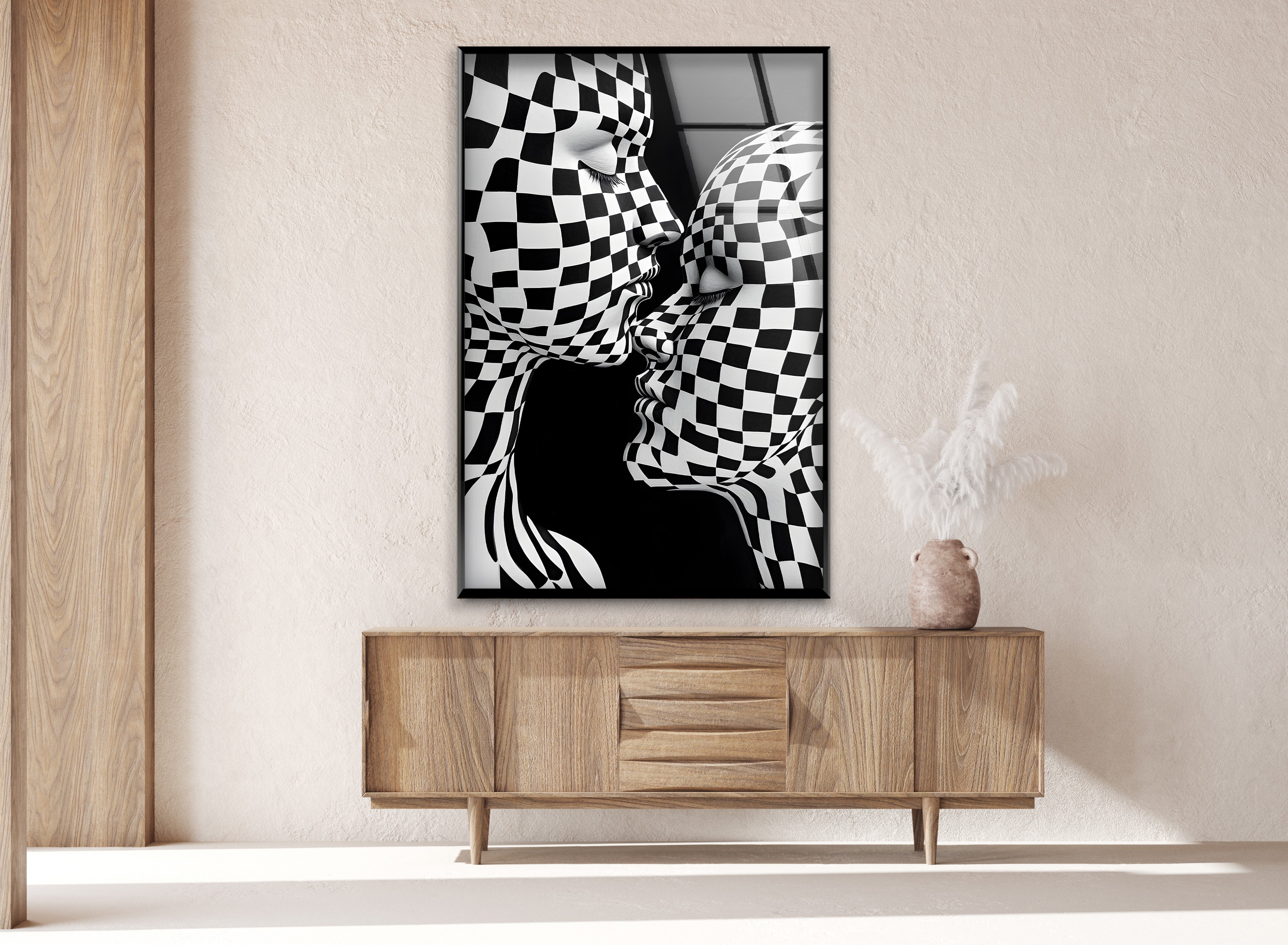 Black and White Kiss Wall Art - Modern Checkered Glass Decor for Living Room, Bedroom & Office - Perfect for Home & Office Décor