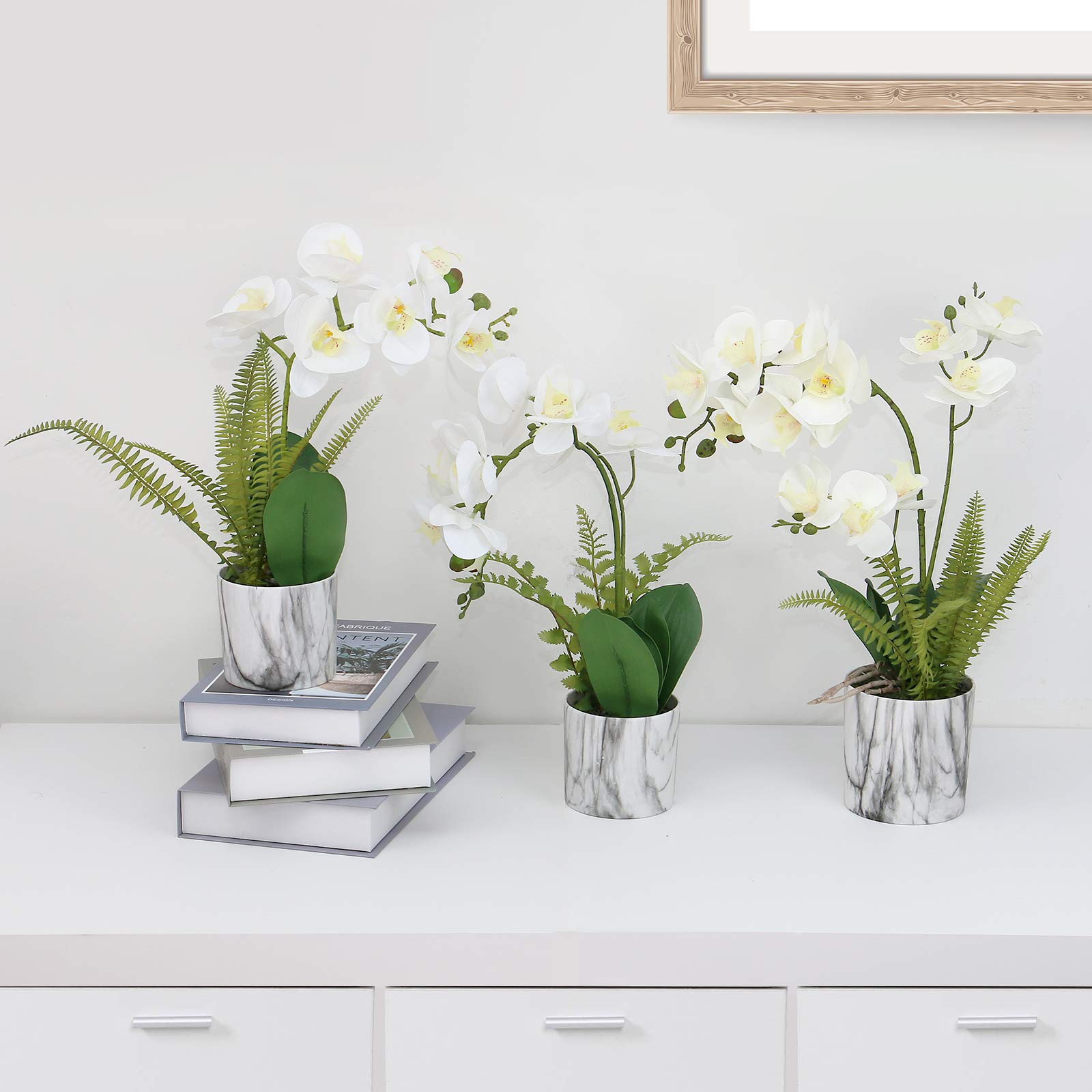 Olrla White Orchid Artificial Flowers in Pot - Real Touch Fake Orchid Plants for Home Decor, Kitchen, Bathroom, Office & Wedding Centerpieces - Lifelike Silk Floral Arrangement for Tabletop Decorations (White, 1 Pack)