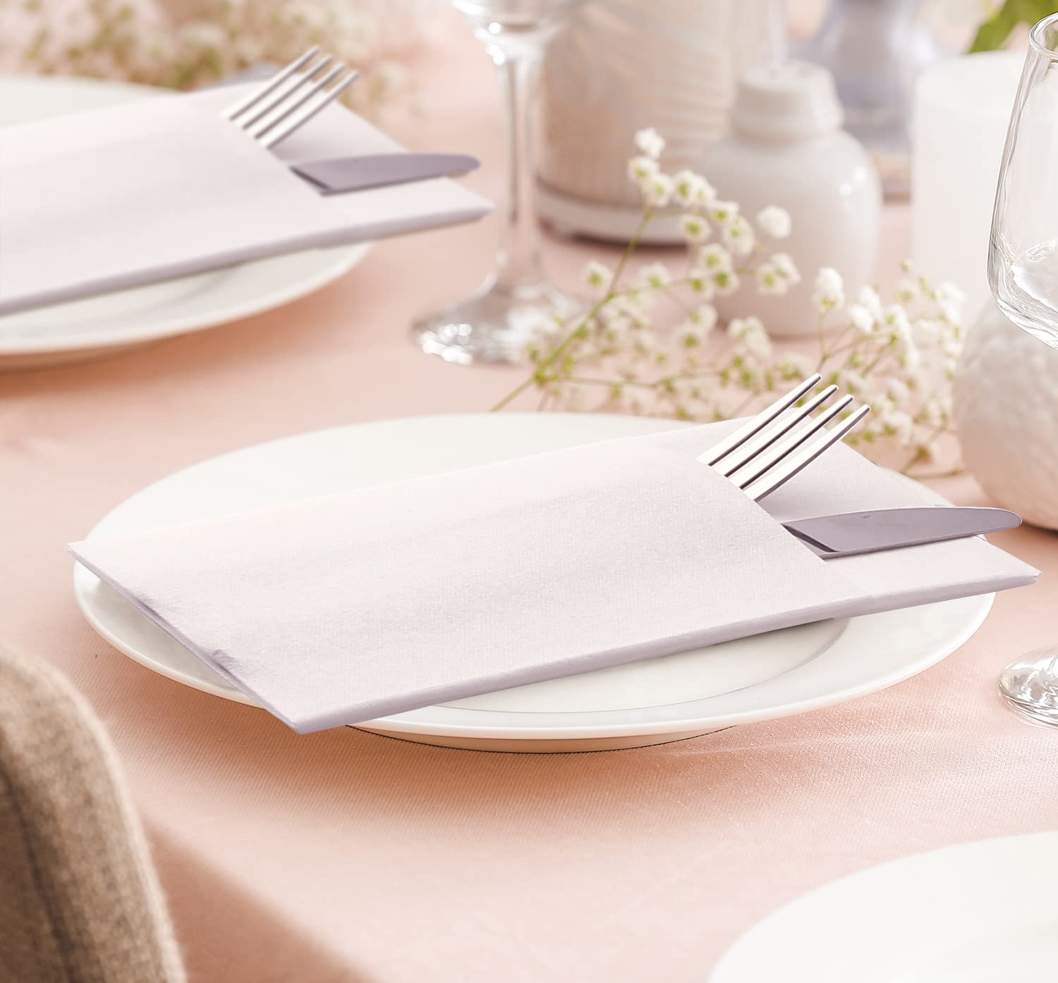 MORGIANA 50 PCS Disposable White Pocket Napkins with Built-in Flatware Pocket - Linen Feel, 1/6 Folded Guest Towels Serviettes for Christmas, Wedding, Party, Dinner & Special Events