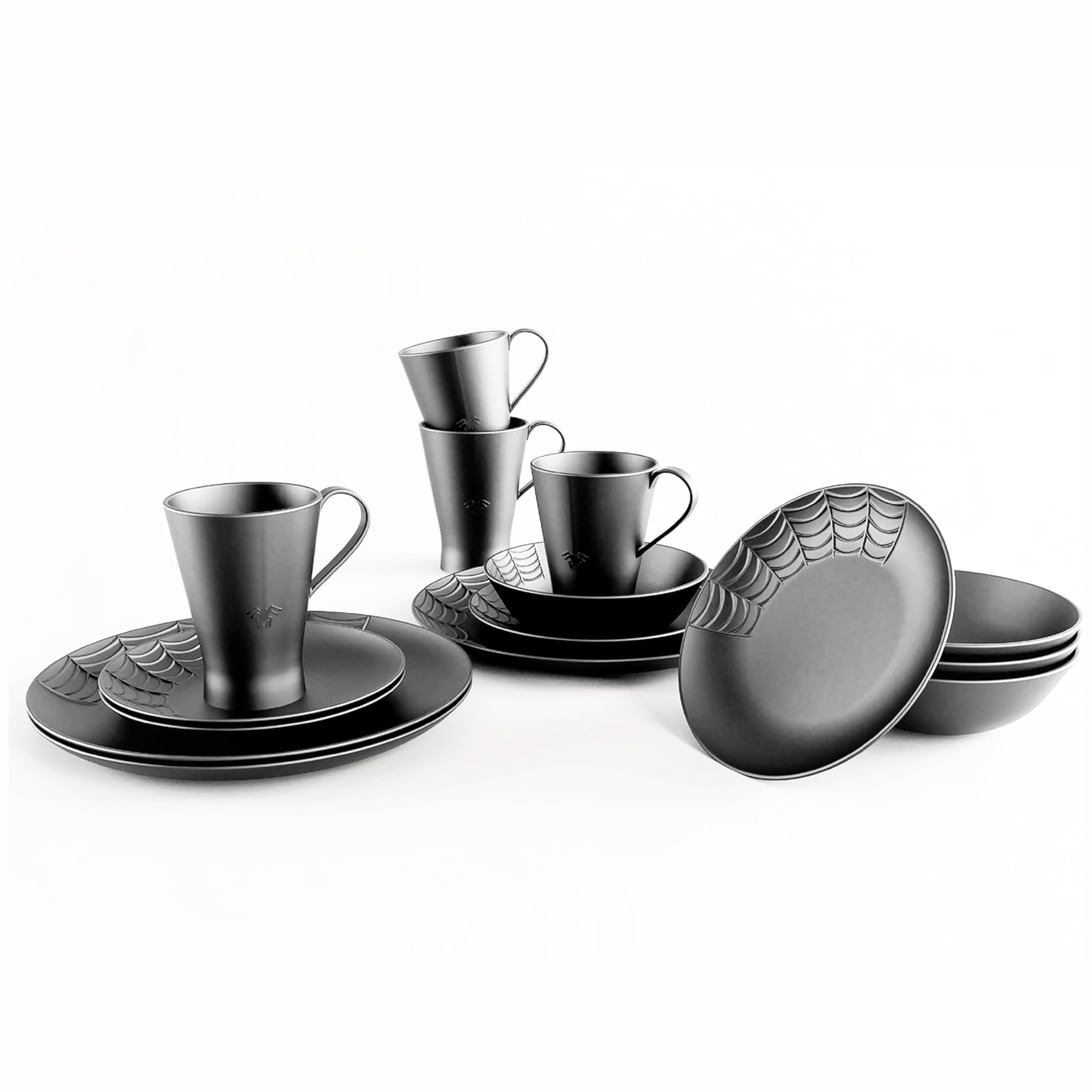 Nomnu 16-Piece Gothic Spiderweb Dinnerware Set - Black Matte Porcelain Plates, Bowls & Mugs - Halloween, Goth Kitchen Decor - Perfect for Spooky Dinner Parties, Gothic Weddings & Vampire-Themed Events