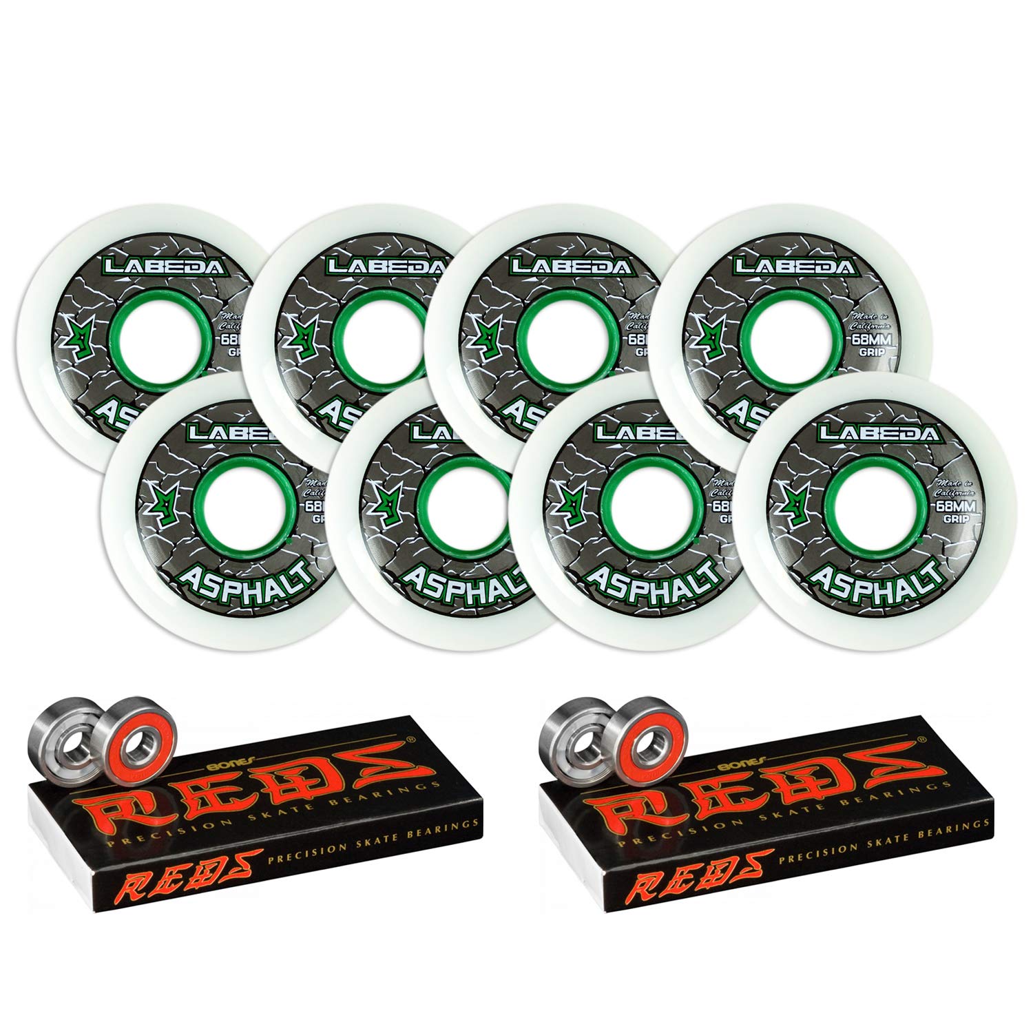 Labeda Asphalt Inline Roller Hockey Wheels 68mm White 83A 8-Pack with Bones Reds Bearings - Perfect for Outdoor Hockey Skating and Smooth Pavement Performance