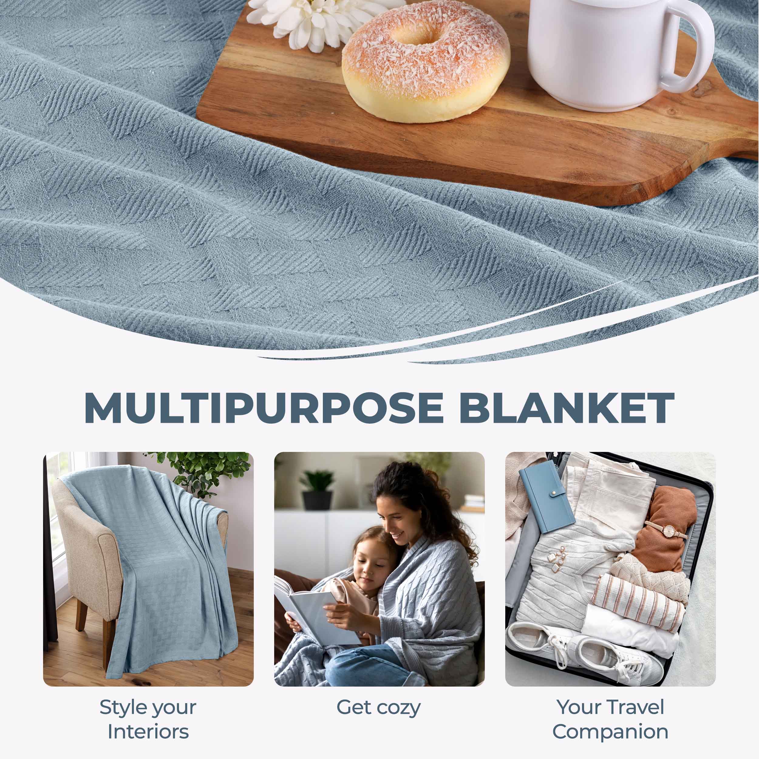 Soft Basketweave All-Season Cotton Bed Blanket & Sofa Throw - Lightweight Breathable Blanket for Bedroom, Living Room, Travel and Outdoor Use