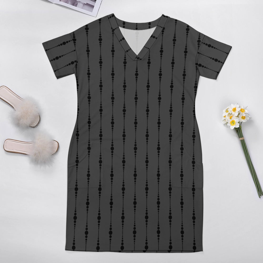 Stylish Gray and Black Loose Fit Pocket Dress for Women - Comfortable Casual Wear for Everyday, Work, and Travel