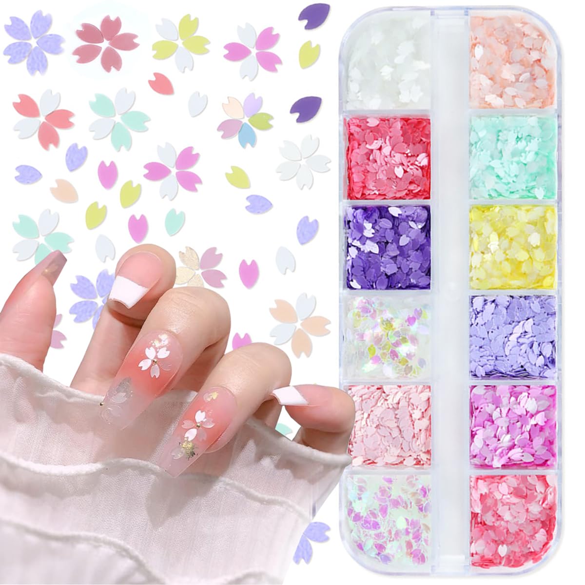12 Colors 3D Holographic Flower Nail Art Glitter Sequins - Cherry Blossom Petal Nail Decorations for Acrylic Nails | Summer Nail Art Supplies for Women & Girls | Perfect for DIY Manicures, Nail Salons, and Special Occasions