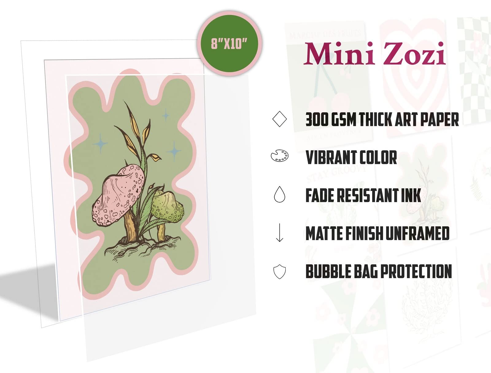 MINI ZOZI 8x10 Inch Danish Pastel Posters - 9-Piece Aesthetic Room Decor Set, Green & Pink Wall Art Prints for Girls Bedroom, Kawaii Y2K Indie Retro Collage - Perfect for Boho, Coquette, Preppy & Coconut Girl Aesthetic Decor