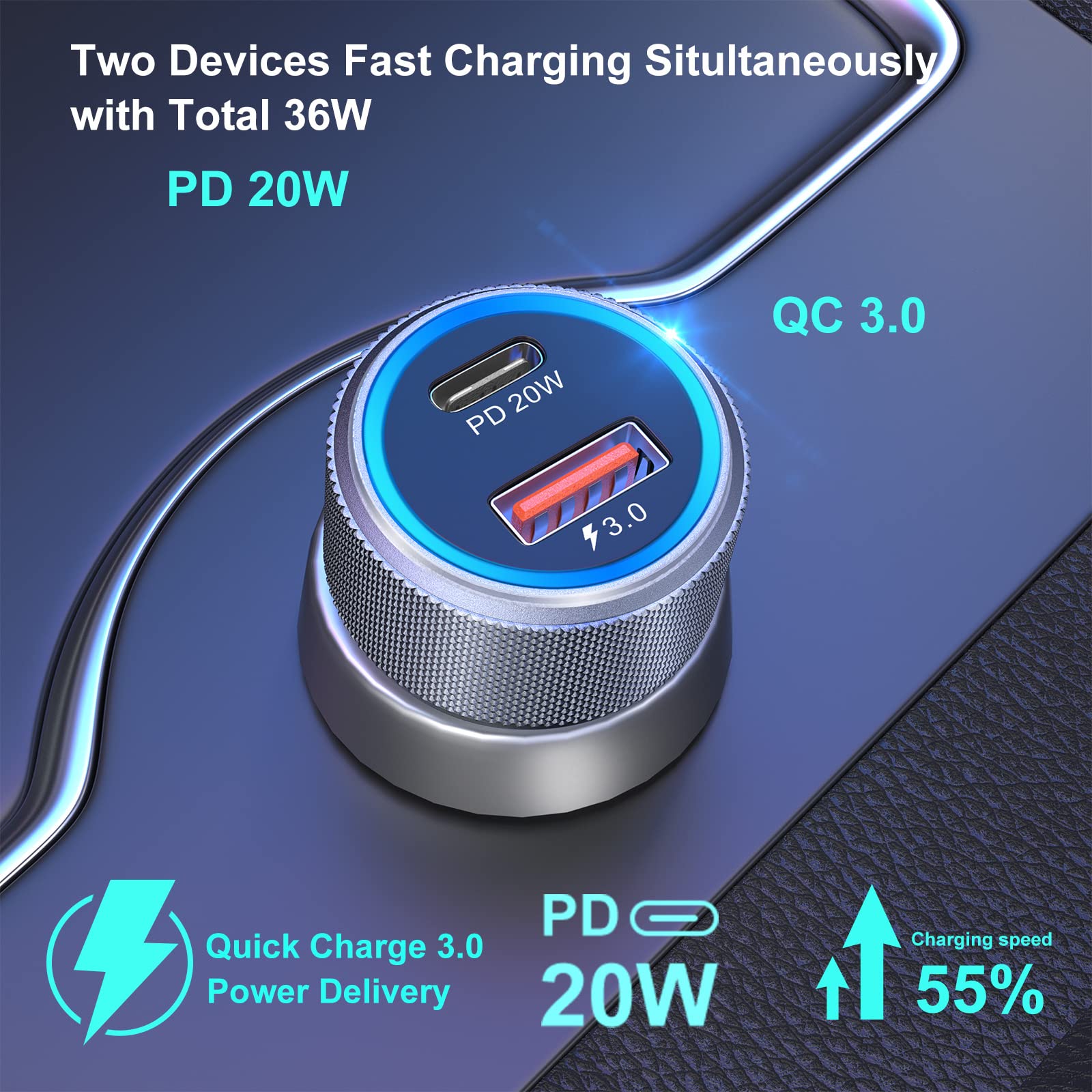 Bangfun 36W Dual USB C Car Charger with PD&QC 3.0 Fast Charging - 12V Cigarette Lighter Adapter for iPhone 16/15/14/13/12/11 Pro Max & Samsung A13/A53/A54 - Perfect for Road Trips & Daily Commutes (Grey)