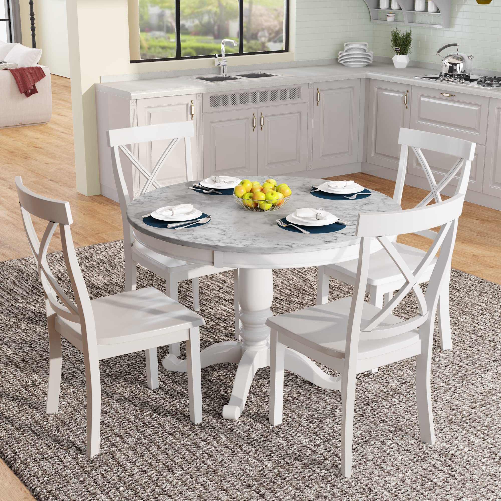 Merax 5-Piece White Round Dining Table Set with Marble Veneer Top & Wood Frame - Perfect for Small Spaces, Breakfast Nooks & Cozy Family Meals
