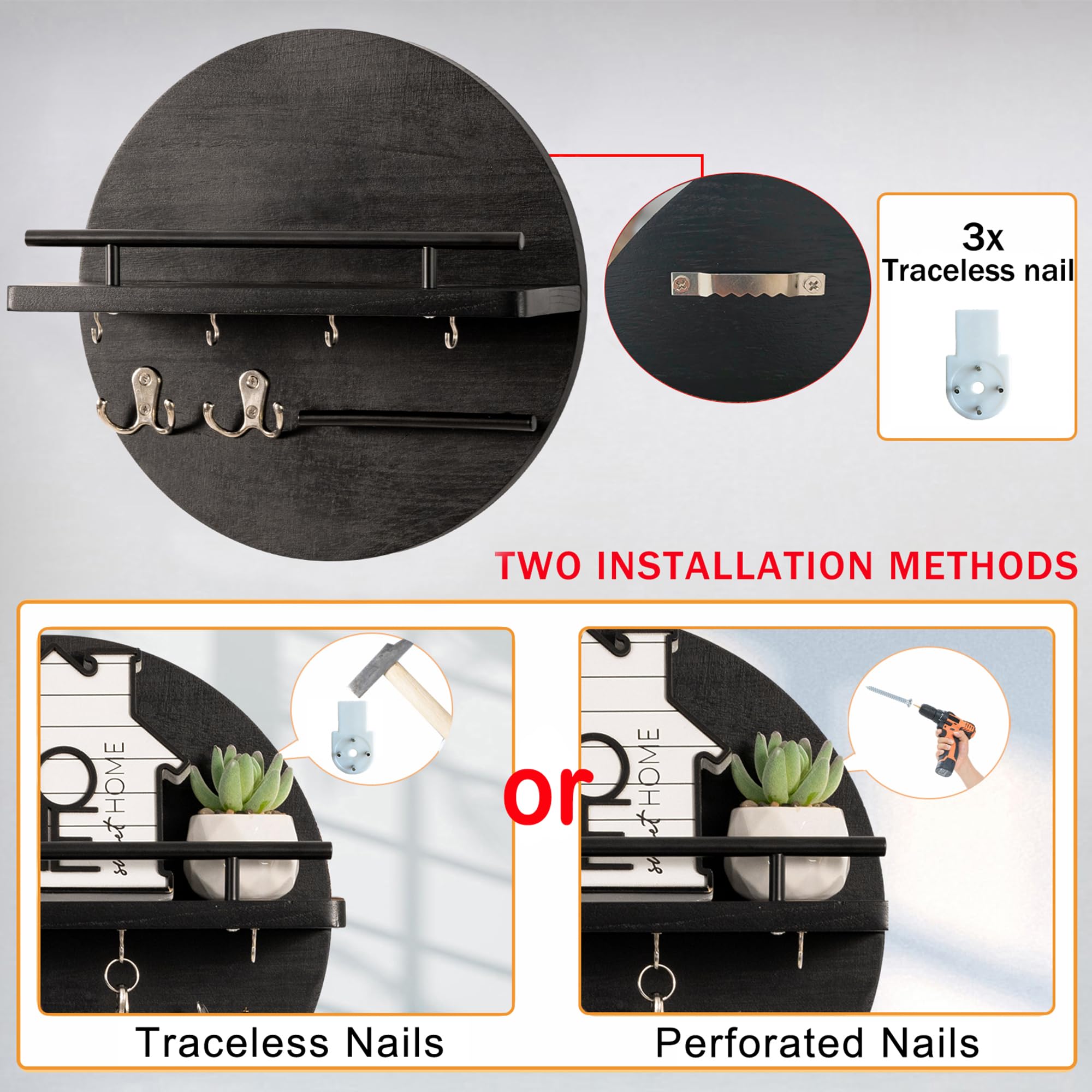 Stylish Circular Wall Key Holder with Shelf & Hooks - Rustic Boho Mail Organizer for Entryway - Black Home Decor for Organizing Keys, Letters & Small Items | Perfect for Hallway, Foyer & Apartment Organization