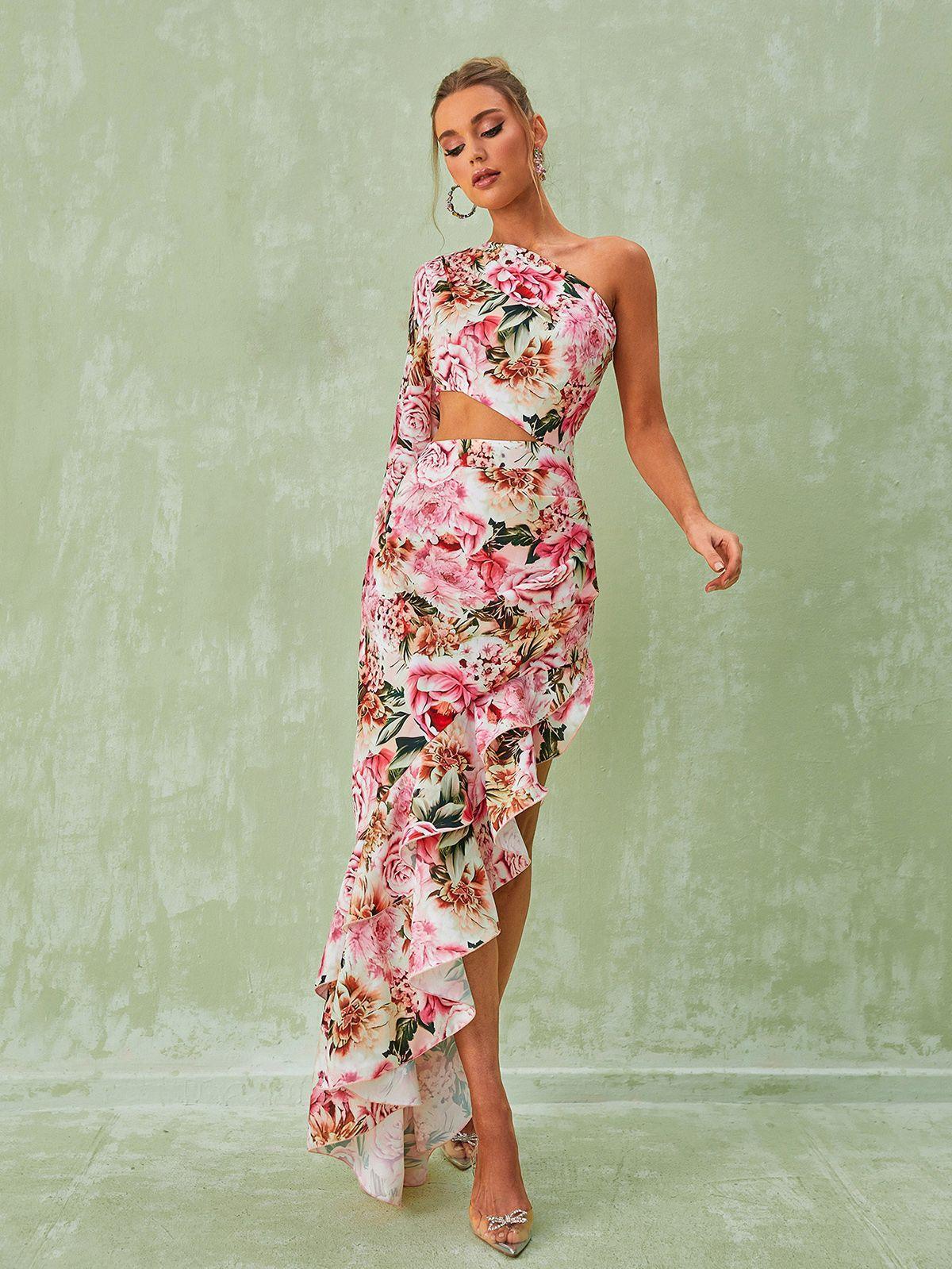 Aiyana One Shoulder Floral Maxi Dress for Women - Elegant Pink Summer Beach Dress for Weddings, Vacations & Date Nights