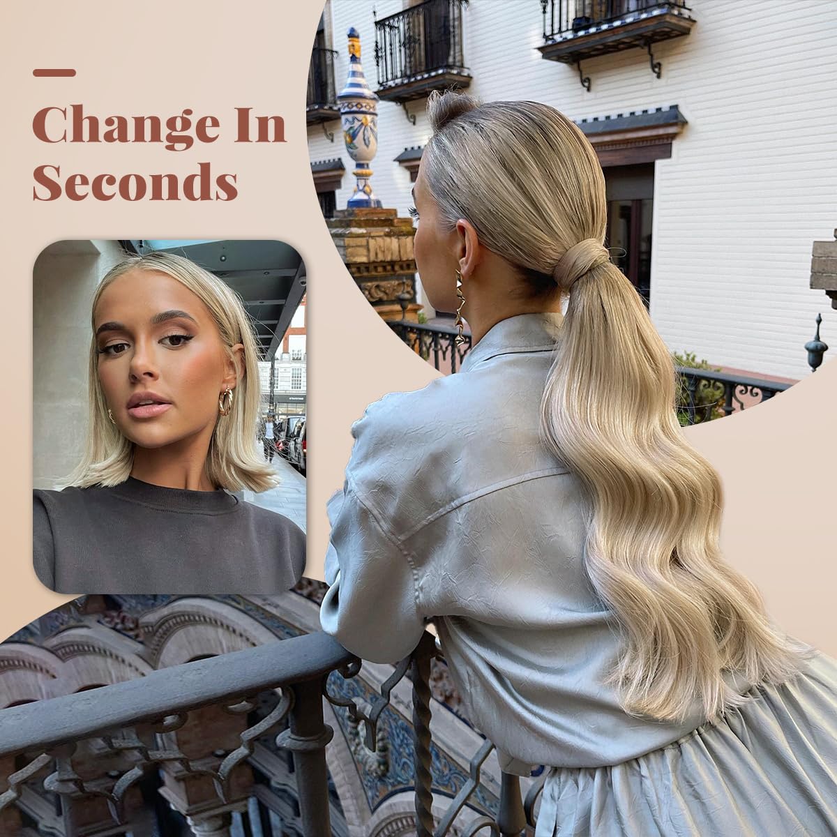 RECOOL 22 Inch Clip-In Ponytail Hair Extensions - Light Blonde to Bleach Blonde Remy Human Hair - Wrap Around Ponytail Extension for Women - Long Straight Natural Look - Perfect for Parties, Weddings & Everyday Styling